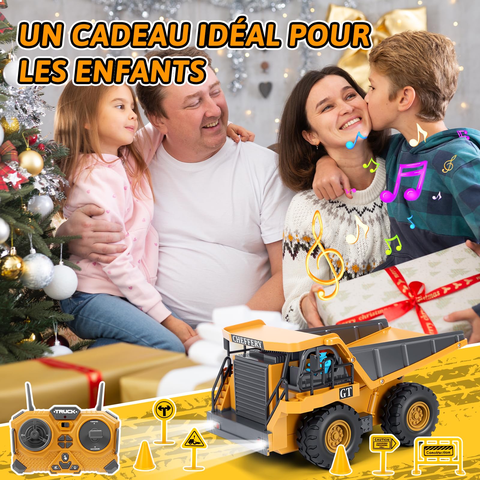 Camion Benne Télécommandé, Véhicule de Construction RC pour Enfants avec Lumière et Musique, 9 Canaux Camion Benne Jouet, Chantier Télécommandée Cadeau pour Garçon de 3 4 5 6 7 8 Ans