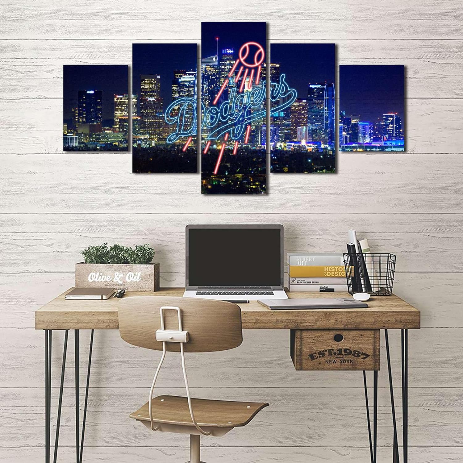 Los Angeles California Photography Poster With Neon effect Dodgers Sign (5-Panel Framed Canvas Printing Full Size: 60x100cm) Home Decor Man Cave Wall Art - Image 2
