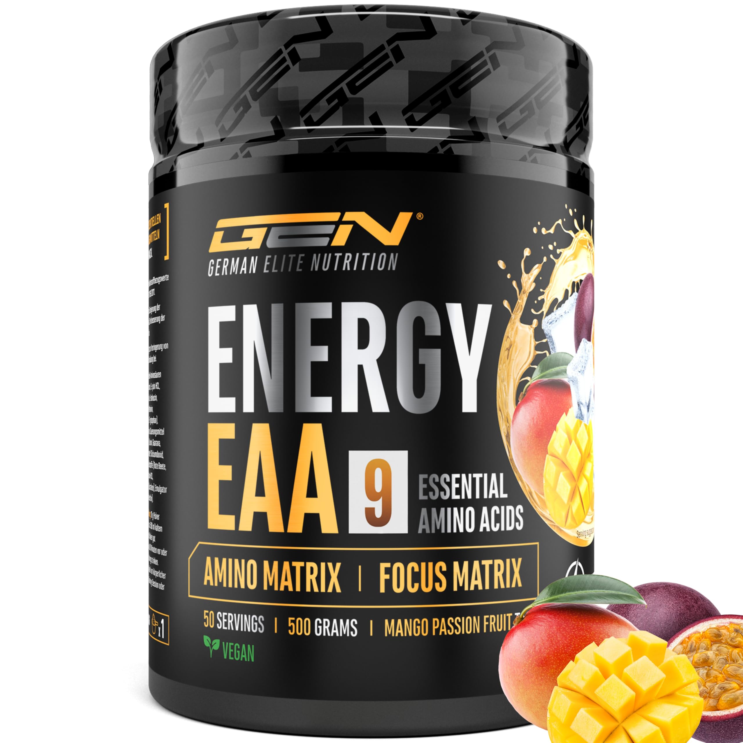 EAA Energy Mix - 500 g - Amino Matrix + Focus Matrix - Zuckerfreie Alternative zu Energy Drinks - Mit Koffein, Taurin, Guarana, N-Acetyl-L-Tyrosin - Pre Workout Booster - Vegan (Mango Maracuja) | Mango Maracuja, Zuckerfrei, mit Koffein, Taurin, Guarana &