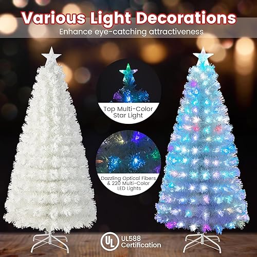 Miniatura 2 de Goplus Árbol de Navidad de fibra óptica preiluminado de 6 pies, árbol de Navidad artificial flocado de nieve blanca con 220 puntas de rama, 220
