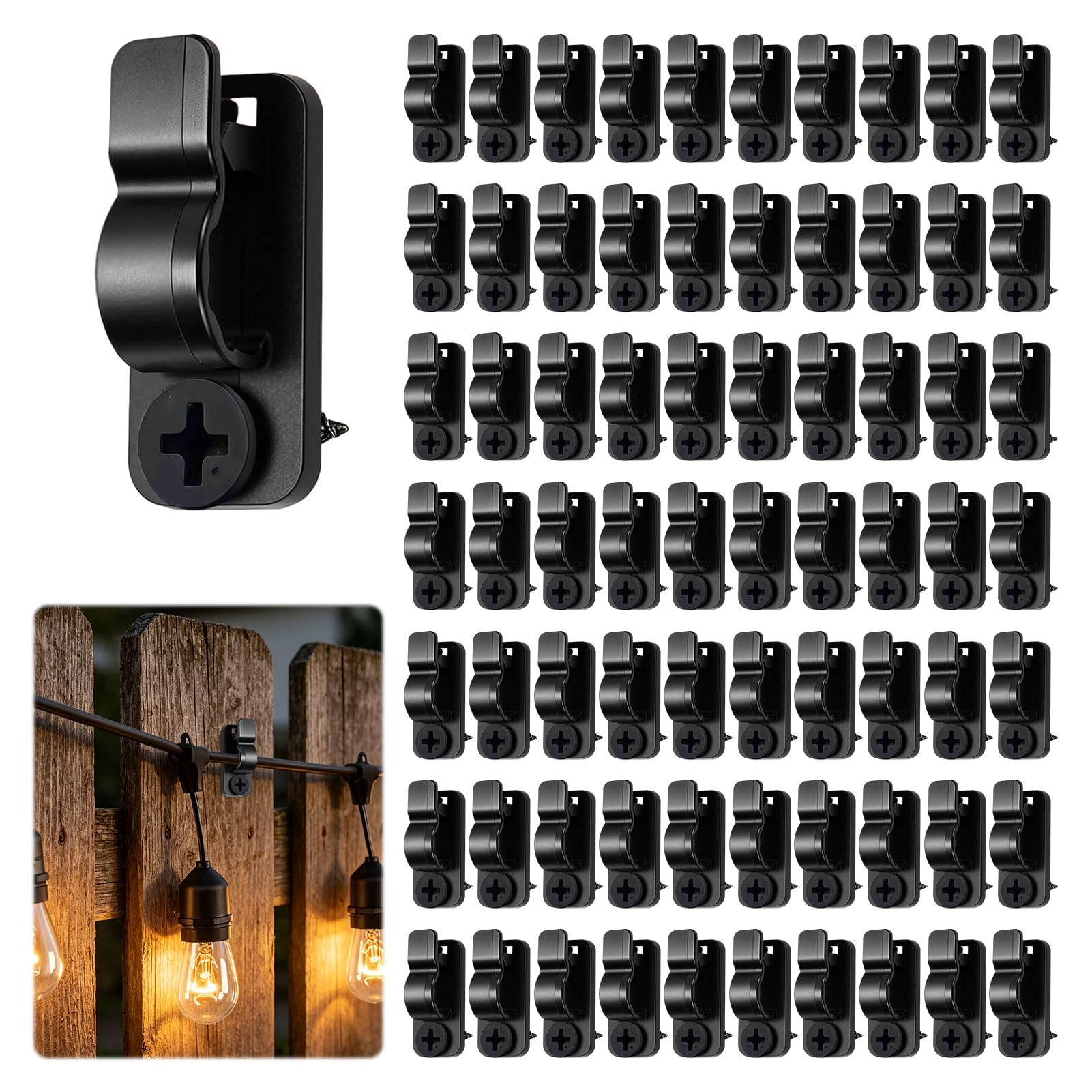 Linhono​ Hooks for Garden Lights, Outdoor Light Hooks, Fence Hooks for Outdoor Lights, Garden Light Hooks, 80pcs Black Plastic Cable Clips for Festive and Year-Round Decorations