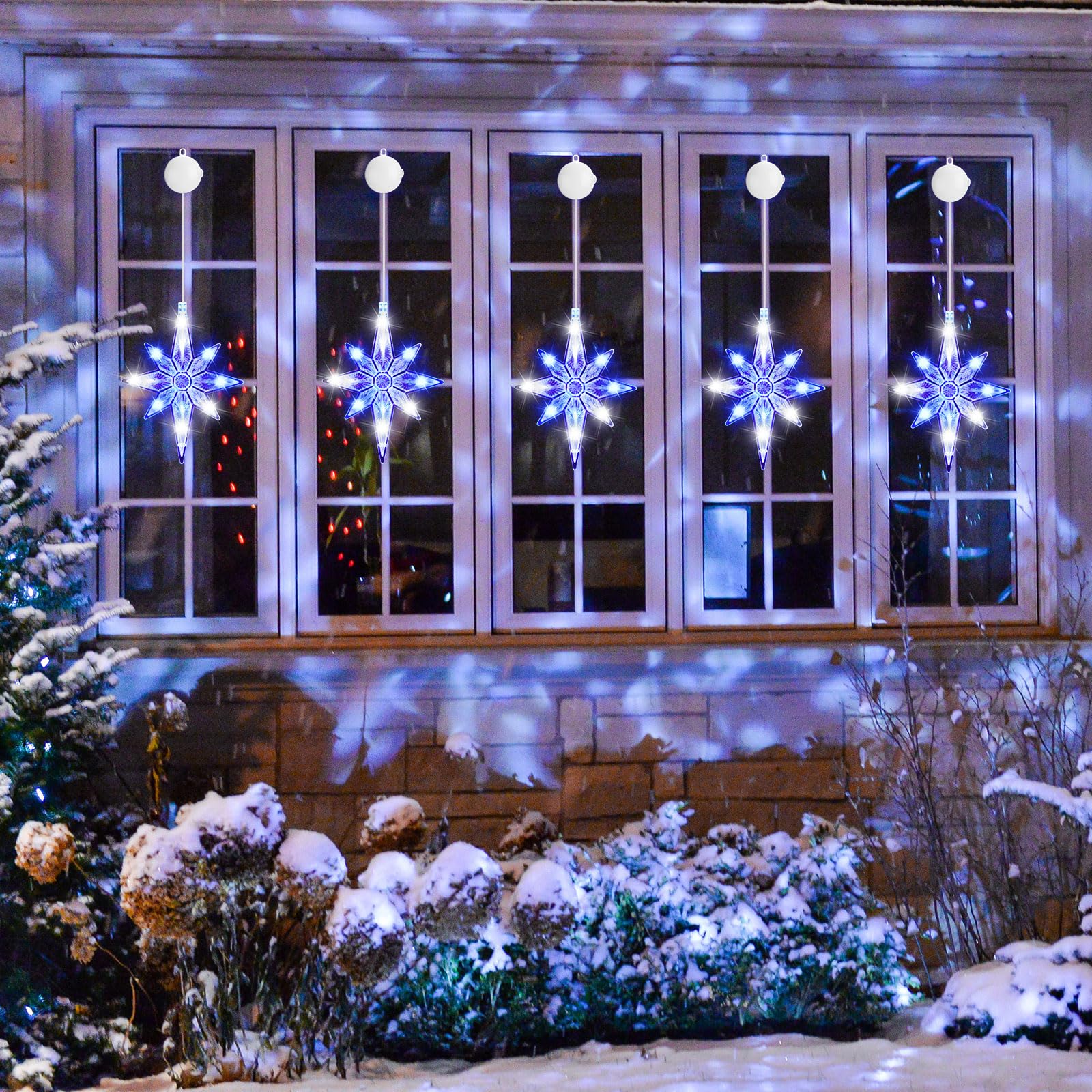 Tujoe Lot de 12 lumières de fenêtre lumineuses avec minuterie, ventouse, fonctionne à piles pour Noël, vacances, Nouvel An, extérieur et intérieur (étoile de Bethléem, bleu blanc)