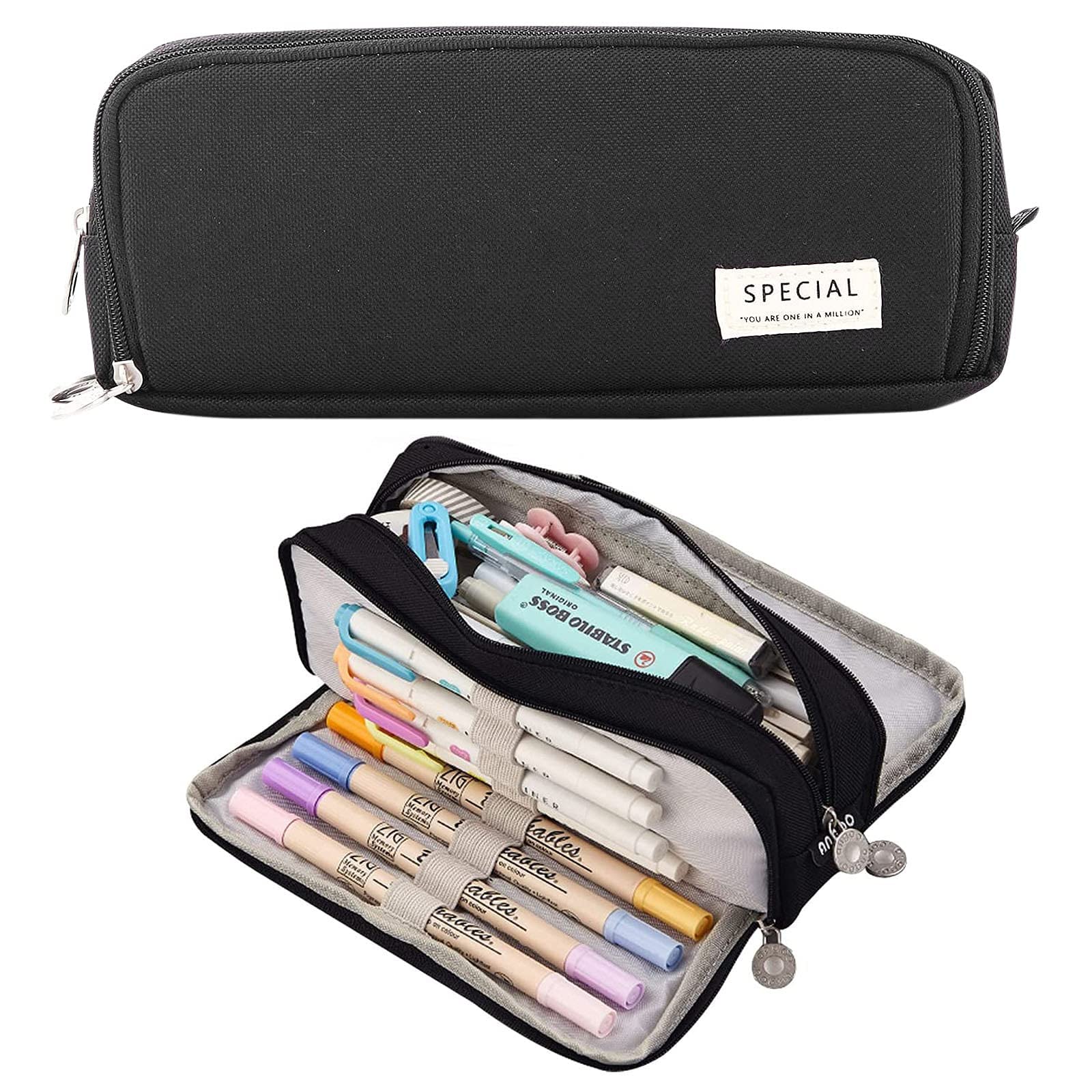 Pencil Pouch,Aesthetic Zipper Pencil Bag Pen Case, Multi-Slot Large Students Adults Stationery Pouch 3 Compartment Organizer for Back to School Office Supplies (Black)