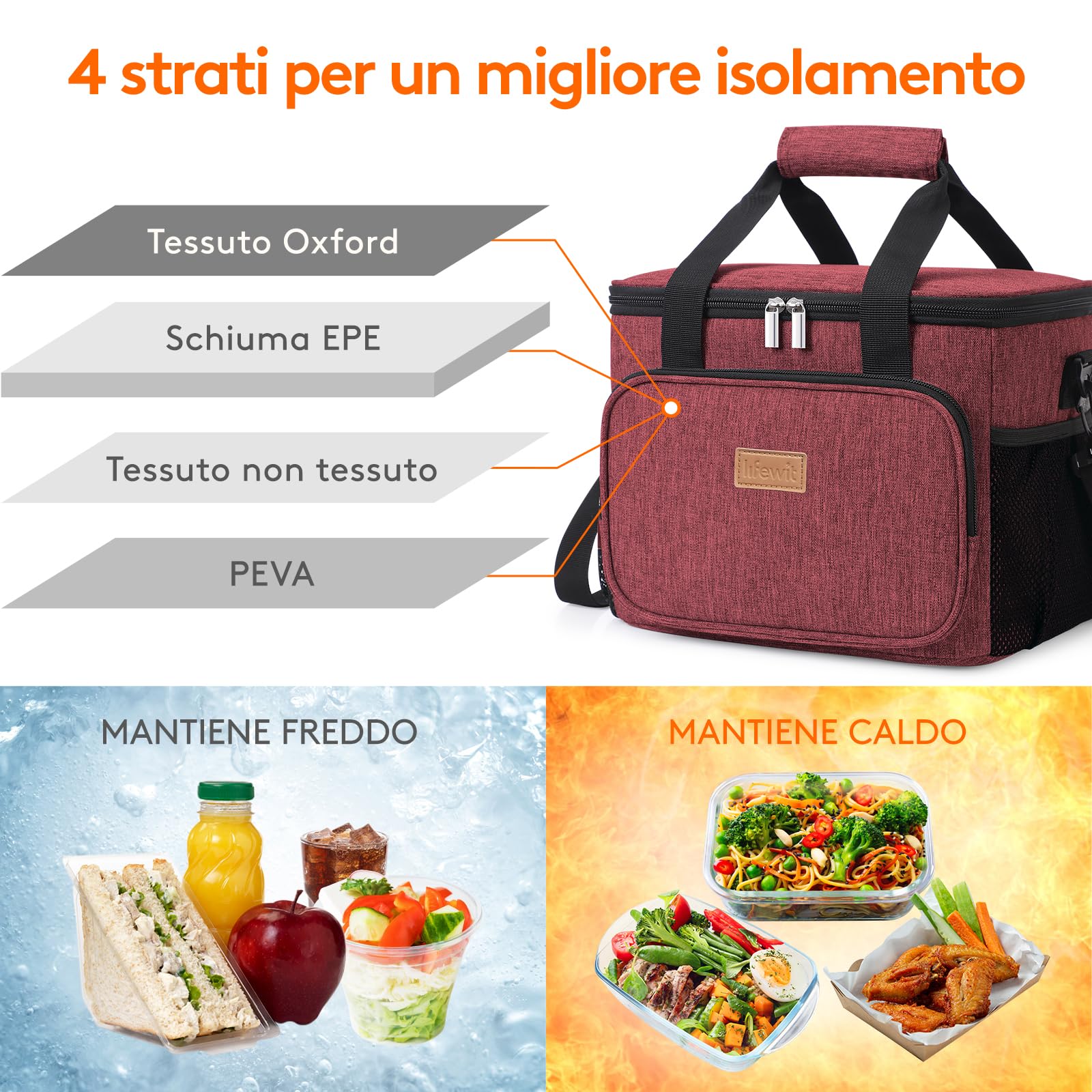 Lifewit Borsa Termica Porta Pranzo 15L(24 Lattine), Grande Borse Frigo Pranzo Ufficio per Uomo e Donna, Lunch Bag per Lavoro, Mare, Viaggio, Spiaggia, Borgogna