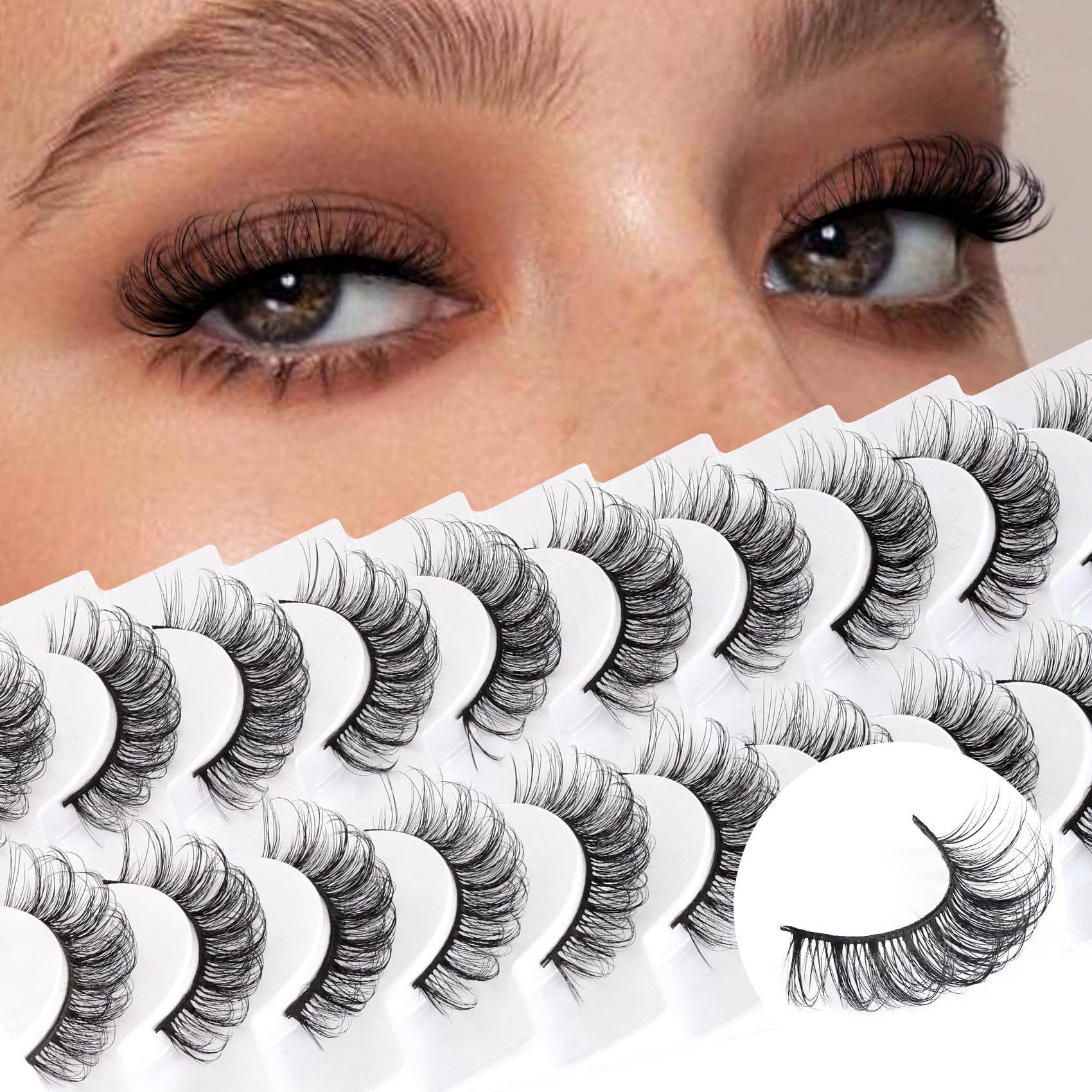Veleasha Russian Strip Lashes D Curl False Eyelashes Fluffy Wispy Faux Mink Lashes 10 Pairs Pack (D05)