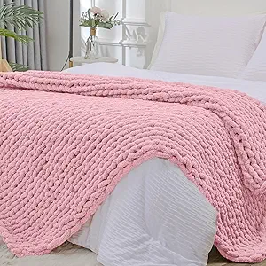 Bigacogo Chunky Knit Throw Blanket for Couch, 40x80 inches, 100% Hand Knitted with Thick Jumbo Chenille Yarn, Cozy Soft Large Rope Knot Cable Crochet Blankets for Sofa Bed Living Room, Blush Pink