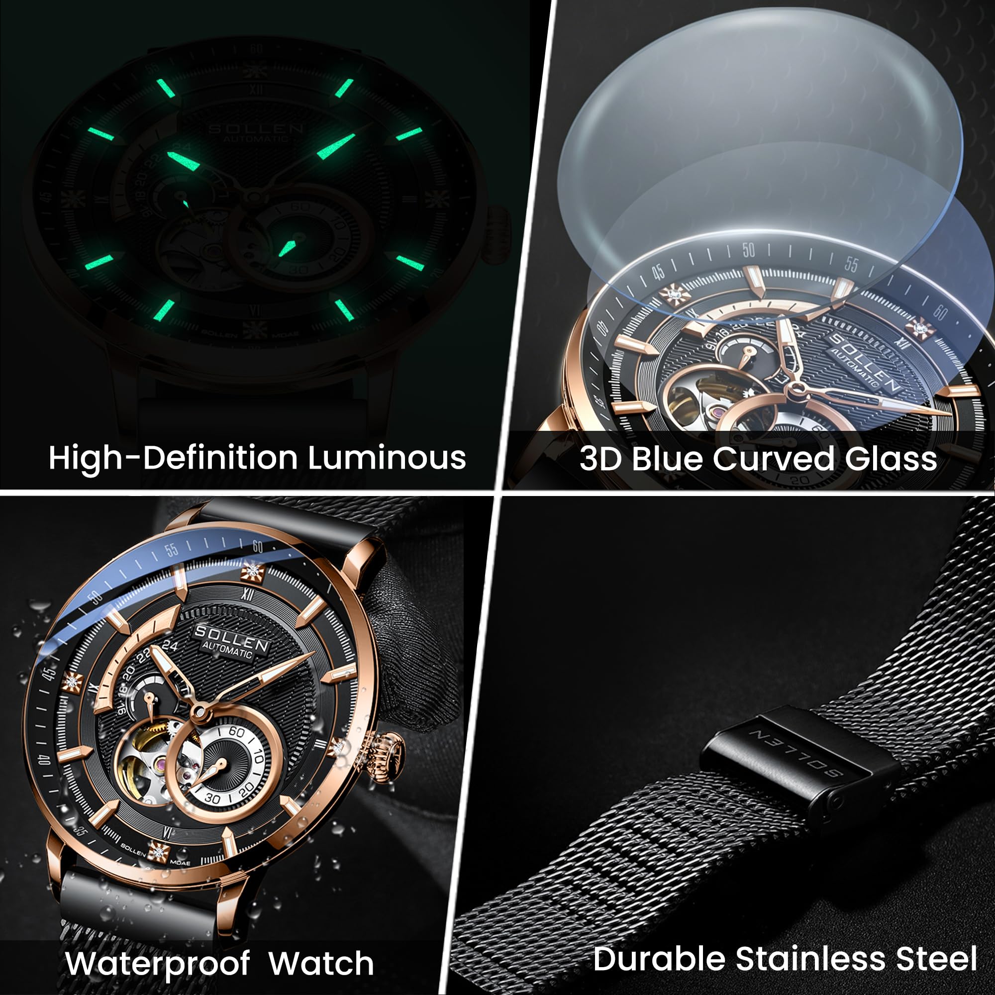 SOLLEN Automatische Skelettuhr für Herren, mechanische Uhr mit 24