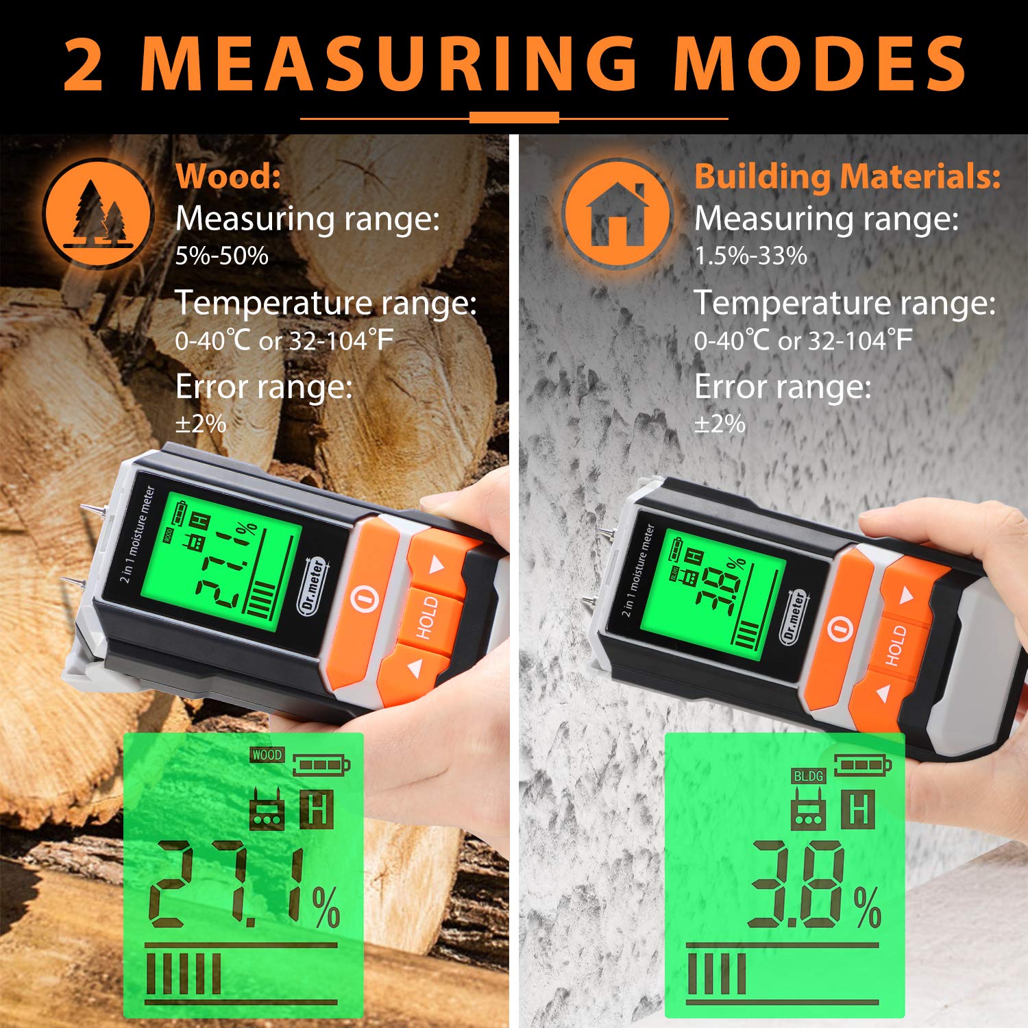 Wood Moisture Meter, 2 in 1 Pin & Pinless Moisture Tester, Dr.meter
