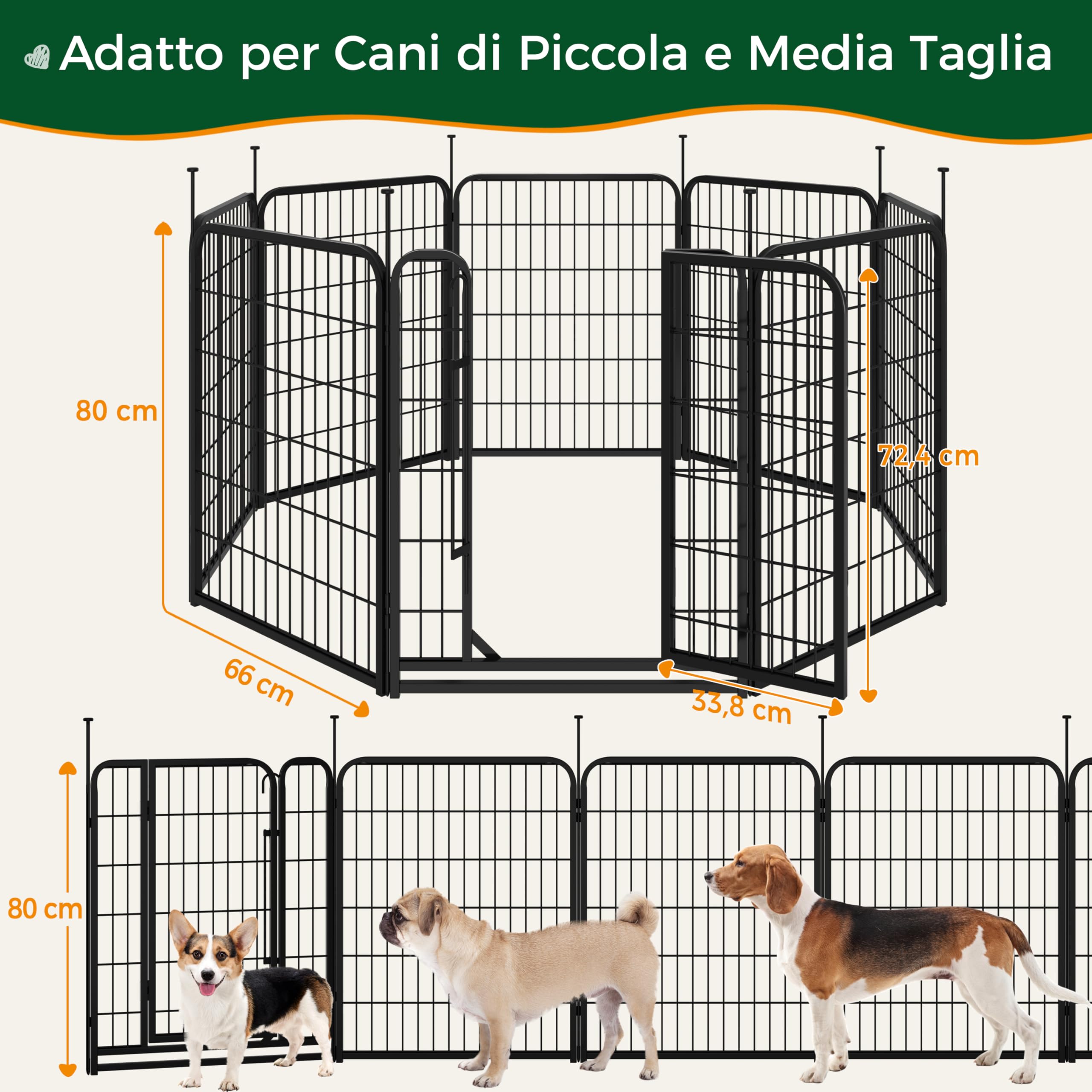Yaheetech Recinto per Cani Cuccioli Conigli Gatti Animali da Interno e Esterno Giardino Rete Recinzione Ferro 8 pz 65 x 80 cm Pieghevole e Portatile