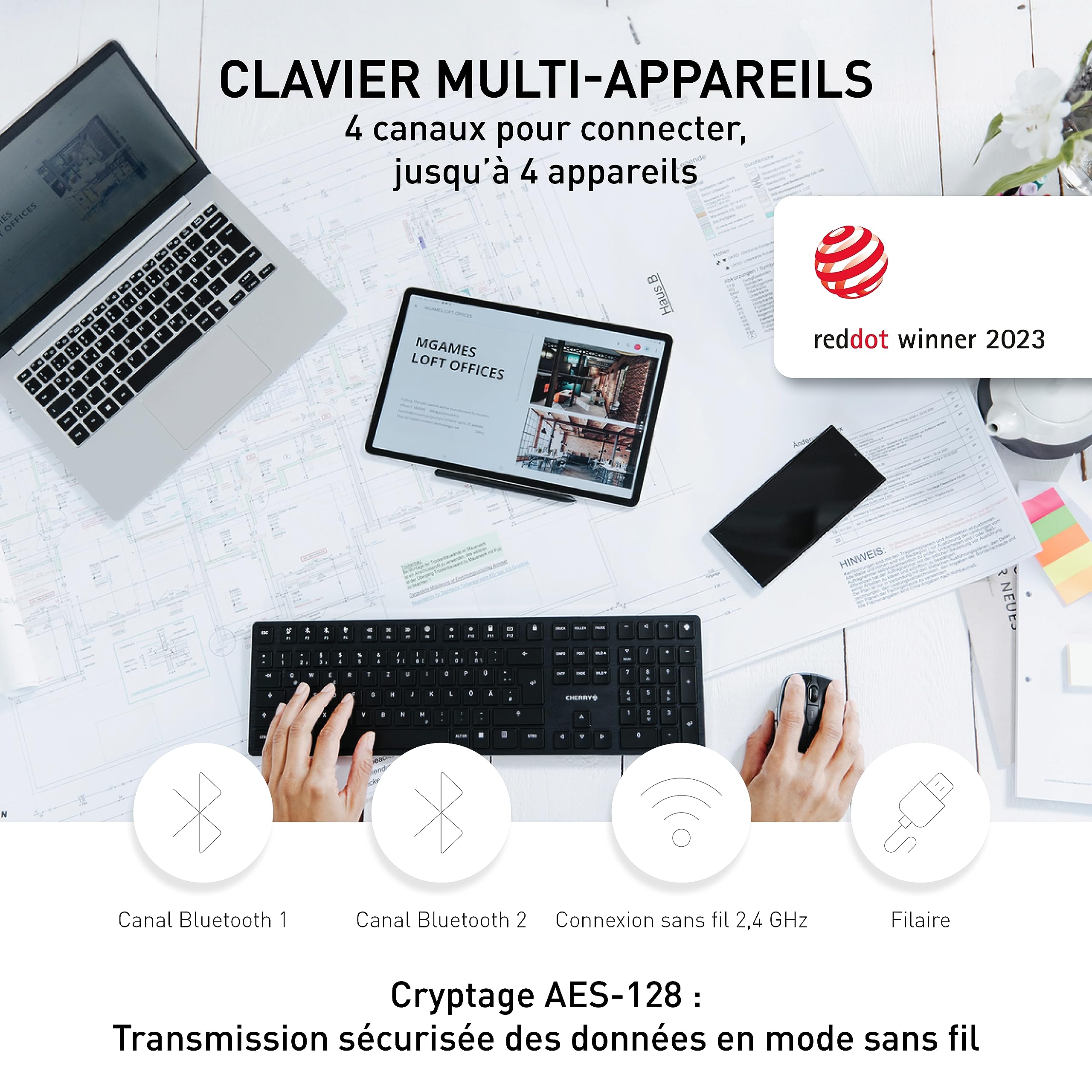 CHERRY KW X ULP, Clavier mécanique Haut de Gamme Ultra-Plat, Disposition française (AZERTY) Clavier Compact Multi-appareils Jusqu’à 4 appareils différents, Rechargeable, Noir
