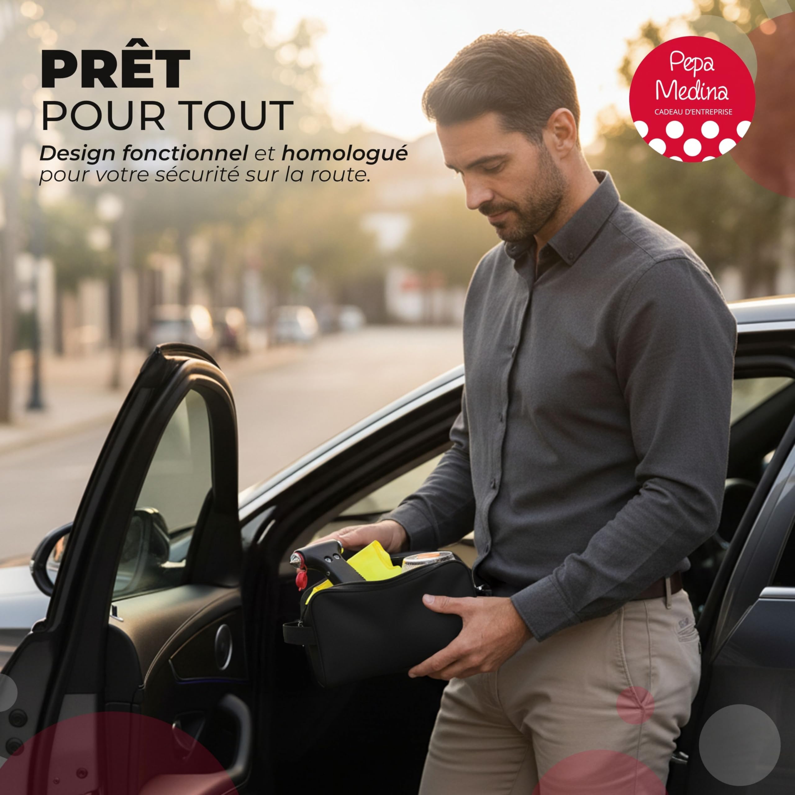 Kit d’Urgence et Sécurité Automobile : Balise V16 Géolocalisée Homologuée DGT 2026, Gilet Réfléchissant, Marteau de Sécurité Multifonction, Coupe-Ceinture, Lampe LED et Pochette Compacte