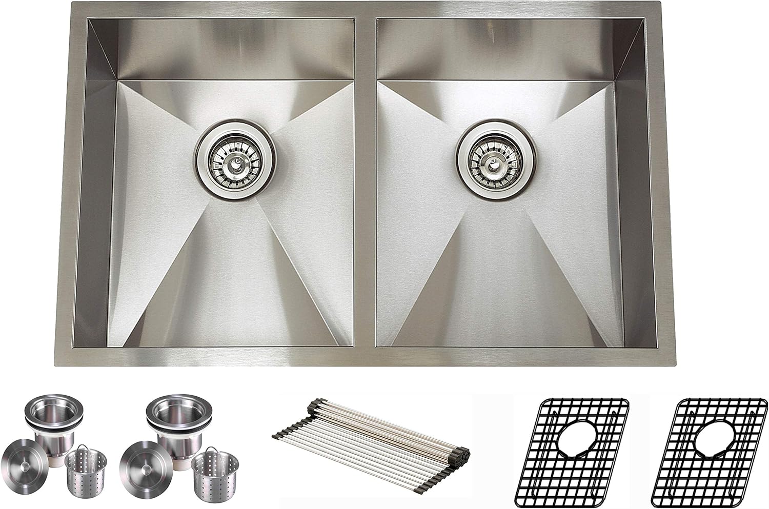 KABCO 32 Inch 16 Gauge Extra Thick Undermount Zero Radius Double Bowl Handmade Kitchen Sink with Stainless Steel Sink Strainers Bottom Sink Grids and a Rolling Grid Combo Package