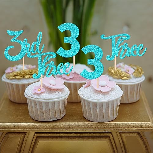 Miniatura 6 de 24 piezas de adornos para cupcakes con purpurina para tercer cumpleaños, número 3, decoración de cupcakes para baby shower, niños, tercer