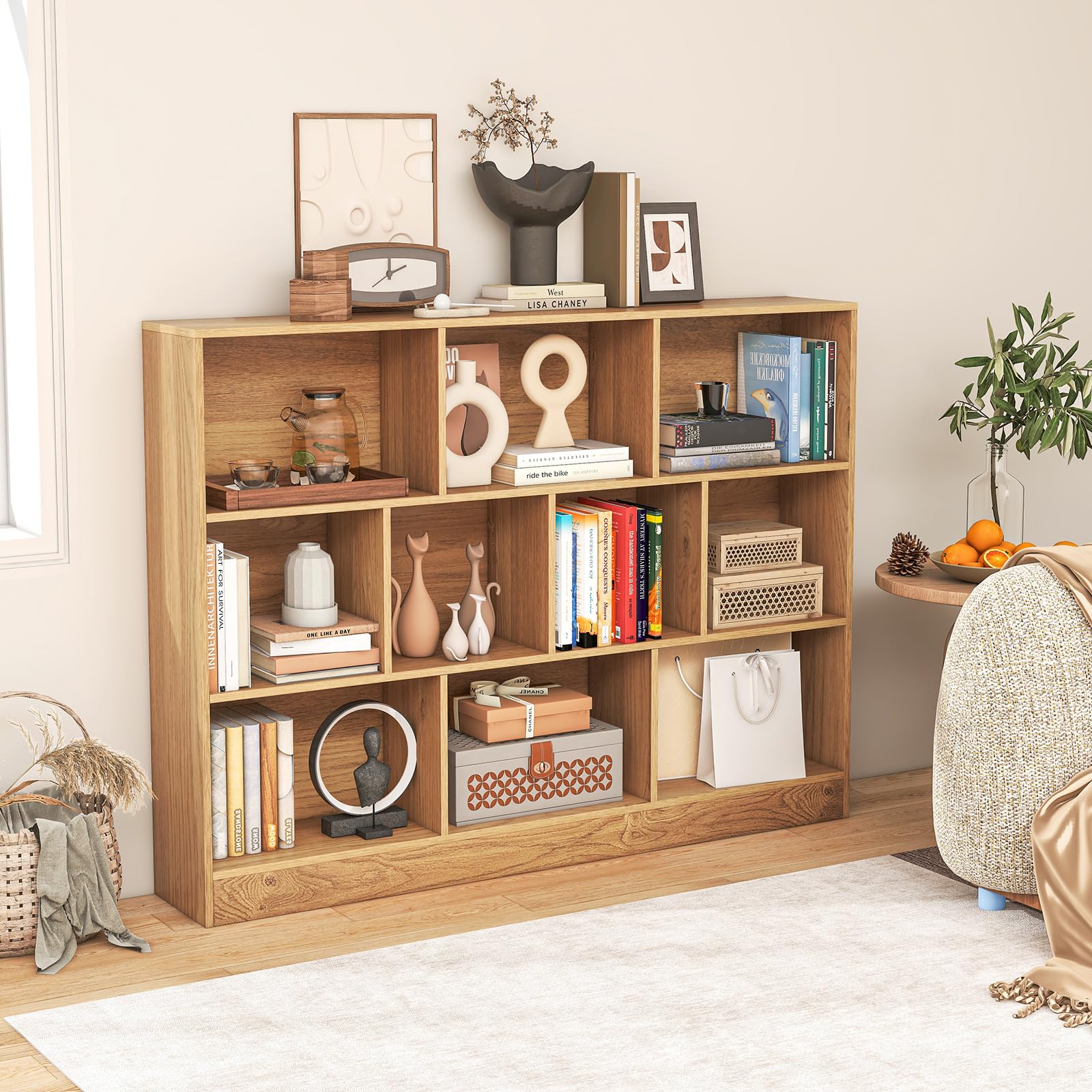 GYMAX Libreria a 10 Cubi Aperti, Scaffale Autoportante da Pavimento, Kit Anti-Ribaltamento, Organizzatore di Archiviazione 3 Livelli per Soggiorno Camera da Letto Ufficio (Naturale, 140 x 24 x 104 cm)