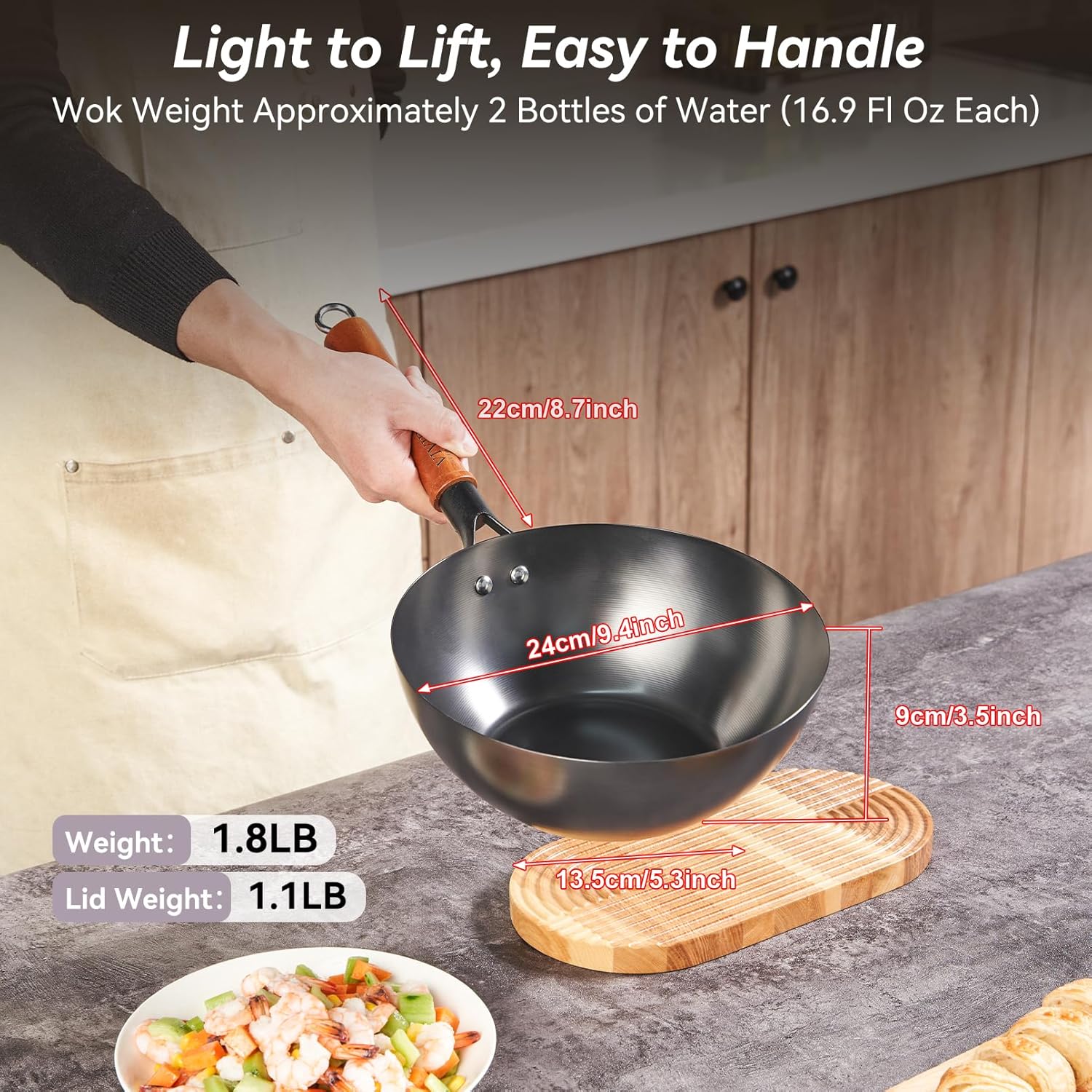 Carbon Steel Wok Pan with Lid, 9.8 Inch Deep Flat Bottom Wok, Coating-Free Carbon Steel Pan for Stir Fry, Soup, Noodles, Braising & Boiling, Small Induction Wok with Wooden Handle