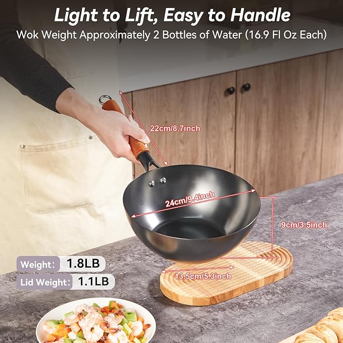 Wok de Acero al Carbón con Tapa, 25 cm, Fondo Plano miniatura 4