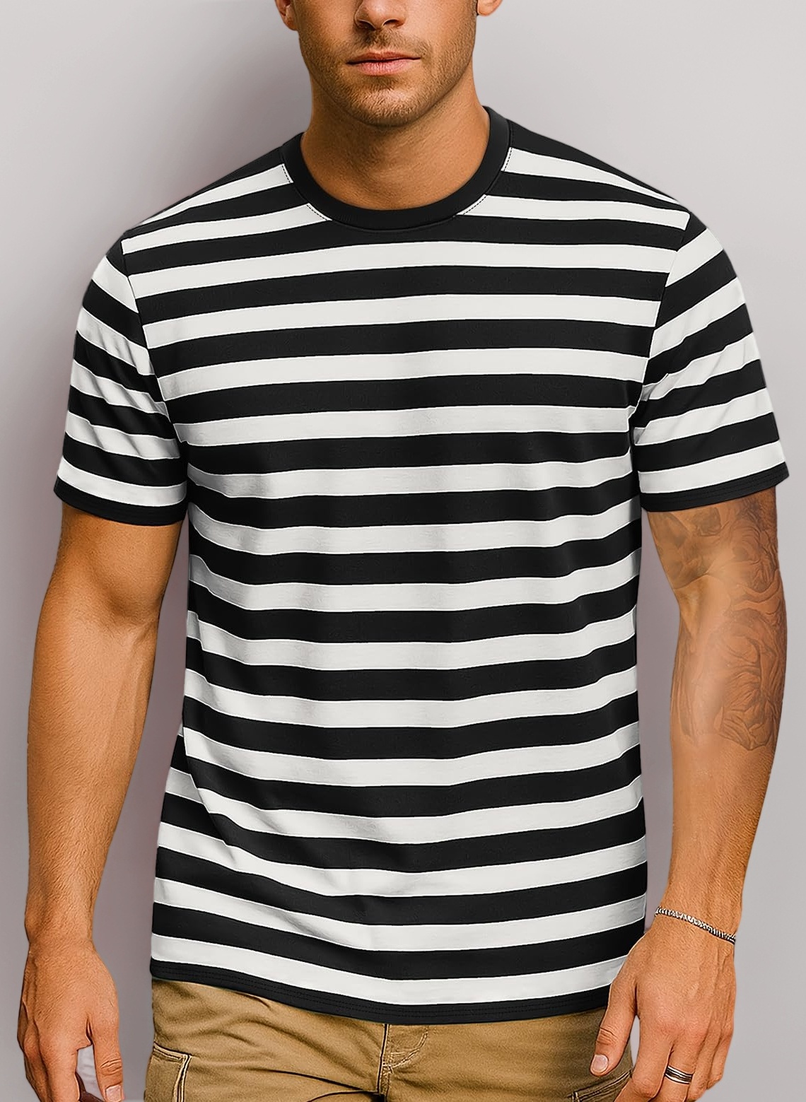 Mens Striped T-Shirt Basic Short Sleeve Cotton Spandex Crew Neck T Shirt Men