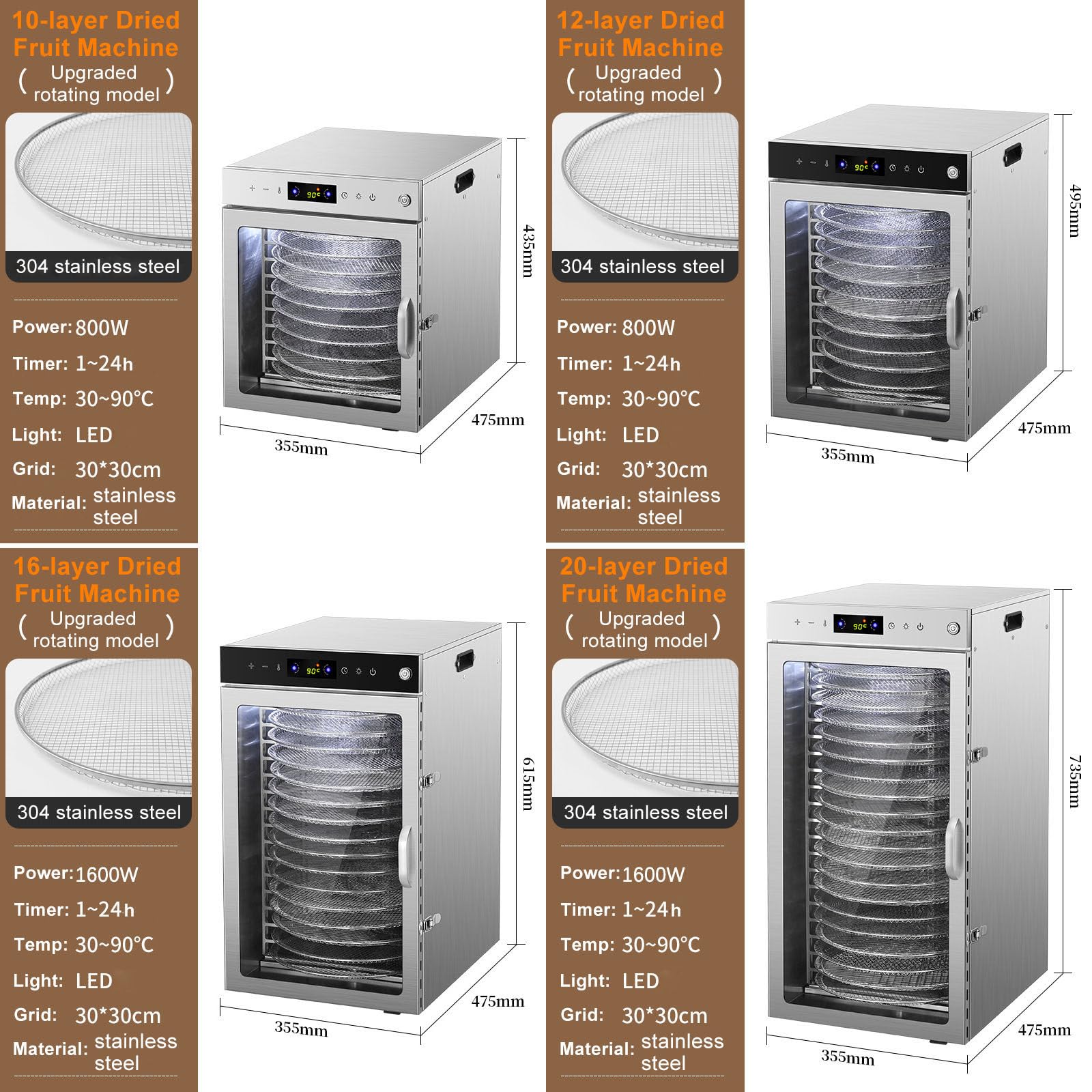 Essiccatore Per Alimenti Rotante A 360° – Essiccazione Per Frutta, Verdura E Carne Secca – Vassoi In Acciaio Inox, Timer Da 24 Ore, Fino A 194 ℉, Display A Led, Essiccatore Elettrico,20Layer