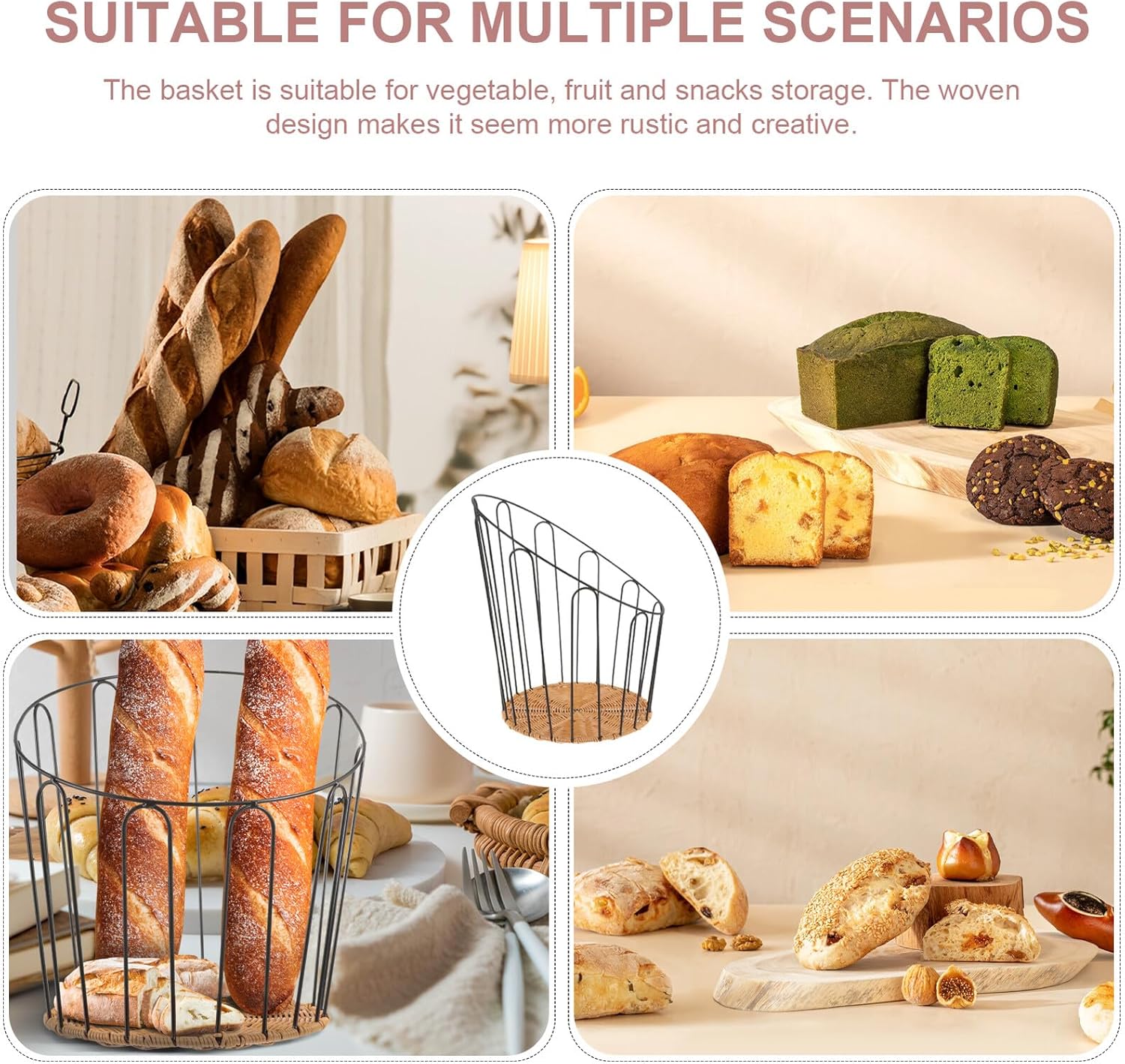 Handmade Woven Bread Basket Small Iron Frame Storage Basket Rust-resistant Painted Countertop for Home Kitchen Dining and Party Serving