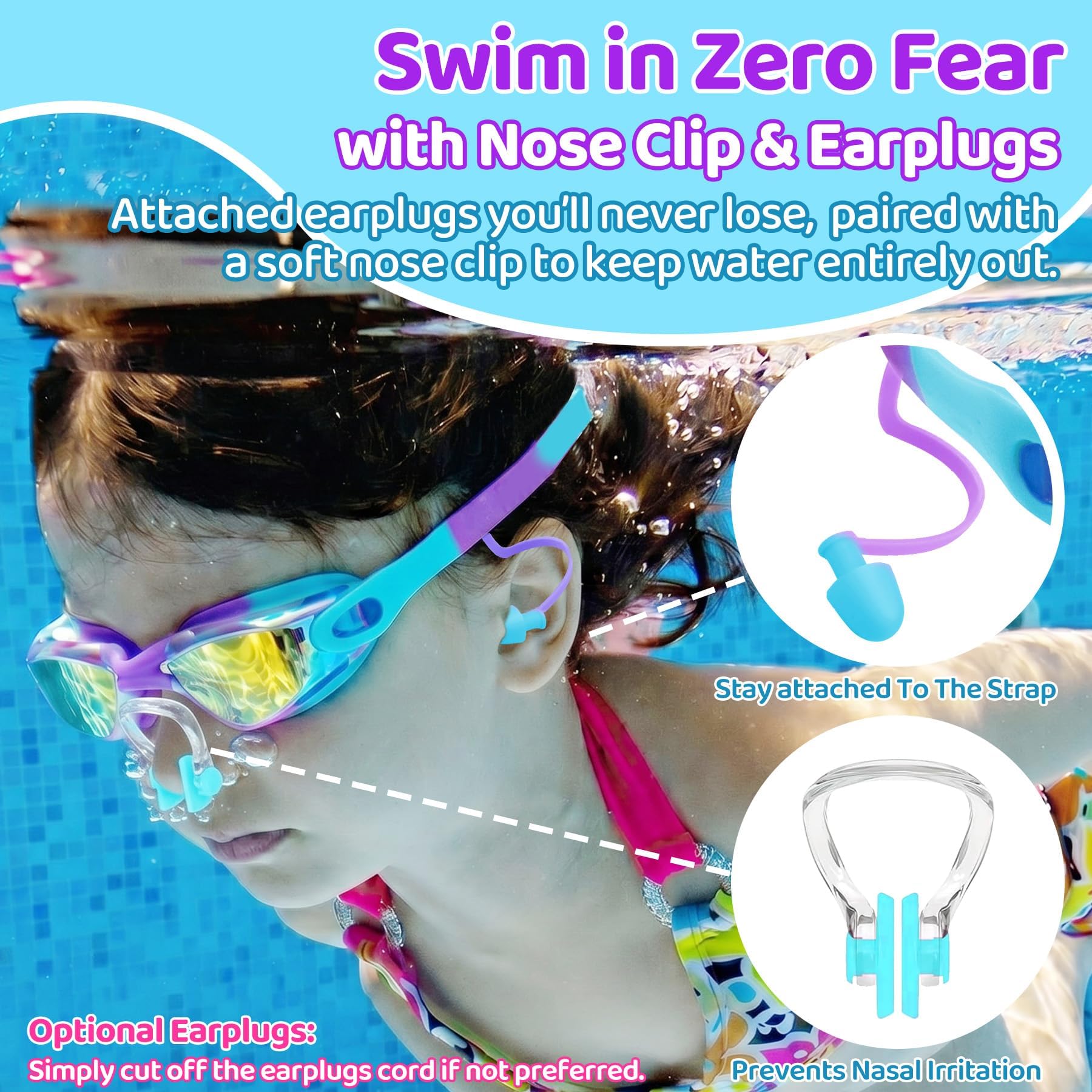 Vvinca Lot de 2 paires de lunettes de natation pour enfants avec bouchons d'oreilles et pince-nez, lunettes anti-buée/UV pour enfants, adolescents de 3 à 15 ans