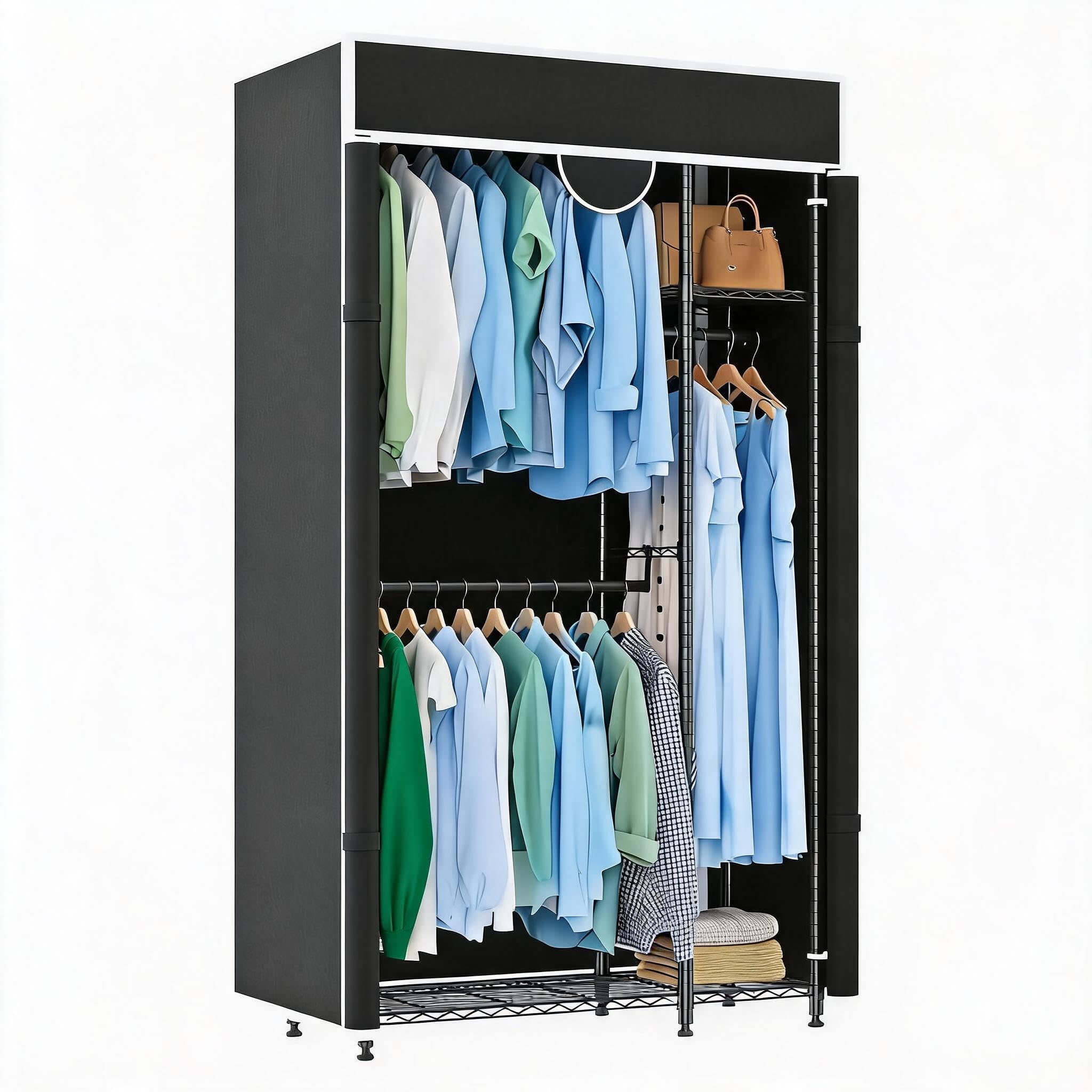 Aptliton Kleiderschrank, Stoffschrank Mit 2 Kleiderstangen, Faltbarer Garderobenschrank Aus Carbonstahl, Tragbarer Aufbewahrungsschrank Für Schlafzimmer Ankleidezimmer, 110 x 40 x 194 cm, Schwarz