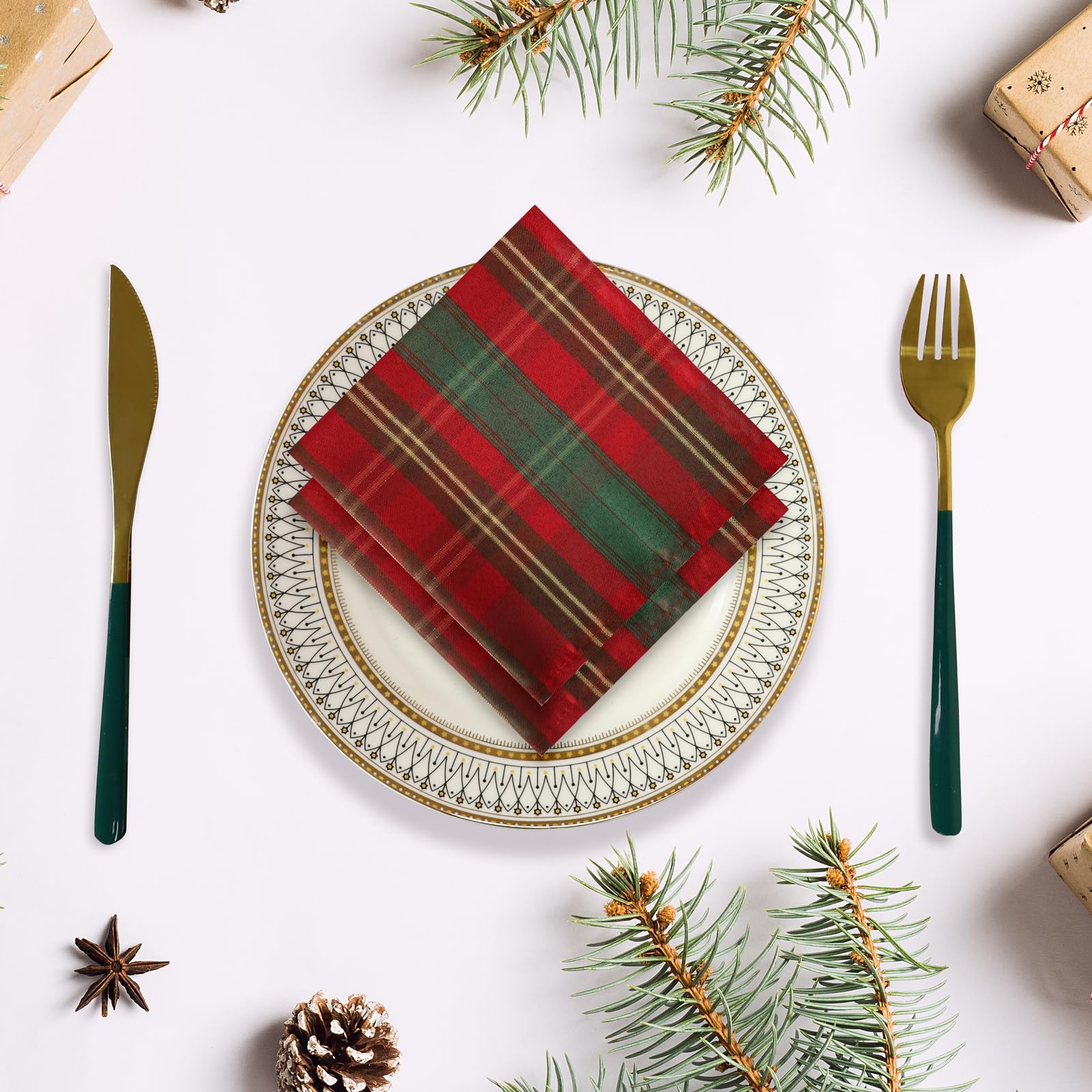 Christmas Napkins Red Plaid, Square Xmas Metallic Fabric Napkin Set of 4, Dust-Proof Wrinkle Resistant Heavy Weight Polyester Napkin for Holiday Kitchen Dinning Tabletop (20