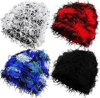 Lewtemi Distressed Knitted Beanie Fuzzy Balaclava Y2k Unisex Outdoor Winter Hat Thick Warm Beanie Cap for Men Women