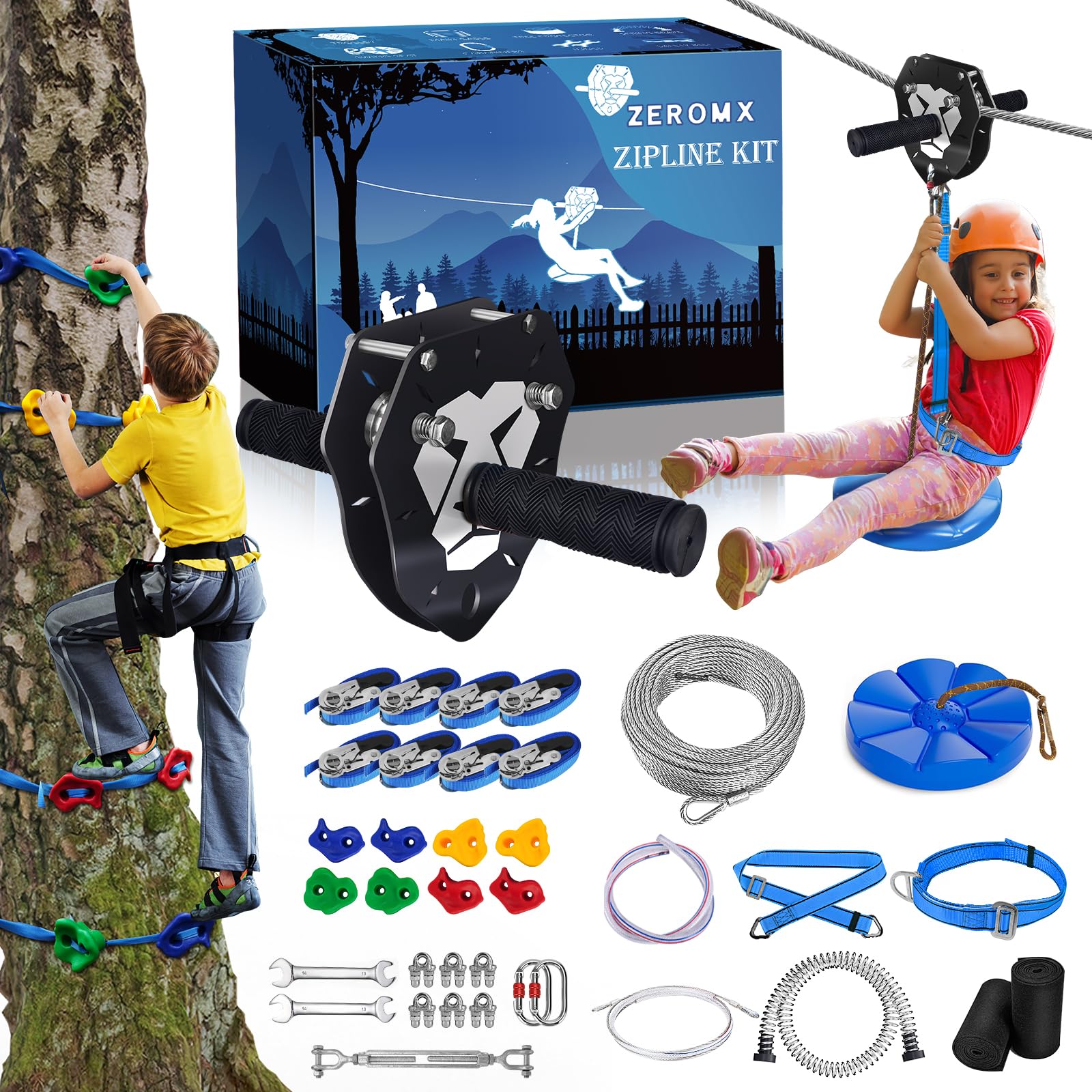 120FT Zip Line Kit with Tree Climbers Backyard Outdoor Play Equipment | Quick Tighten|Thickened Seat|Updated Removable Design Trolley|Spring Brake|Up to 400 LBS |Christmas Birthday Gift
