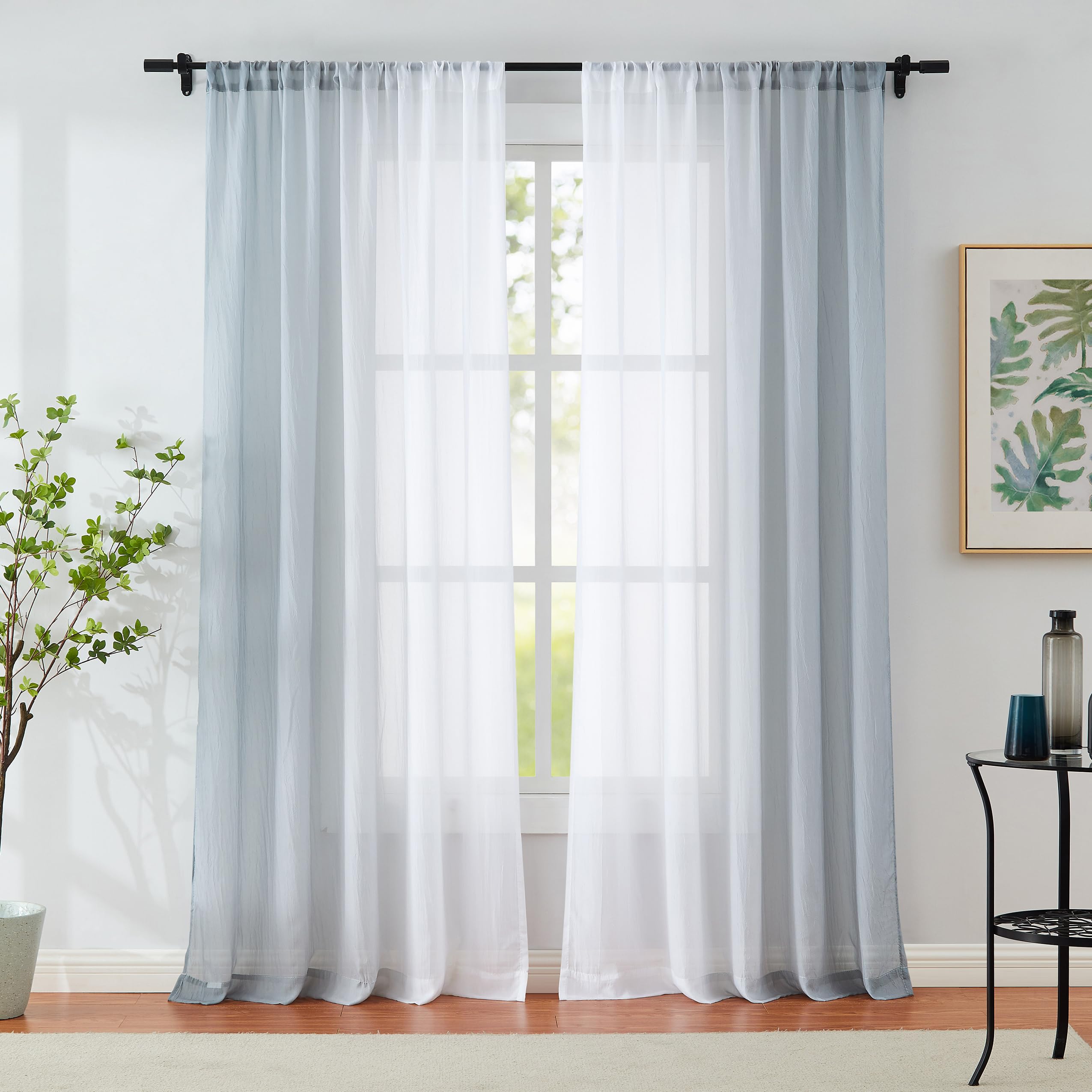 Grey Ombre Chiffon Sheer Curtains for Living Room Crinkle Semi Sheer Curtain Panels for Bedroom, Light Filtering Gradient Window Treatments for Office