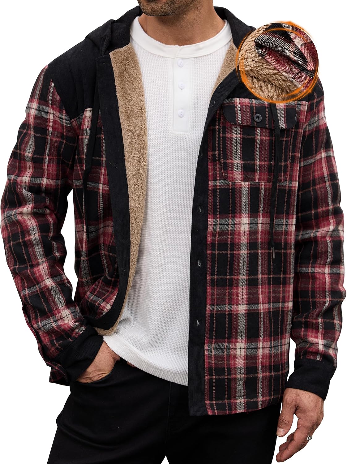 Men’s Plaid Flannel Jacket Warm Sherpa-Lined Button Down Corduroy Hoodie (S-XXL)