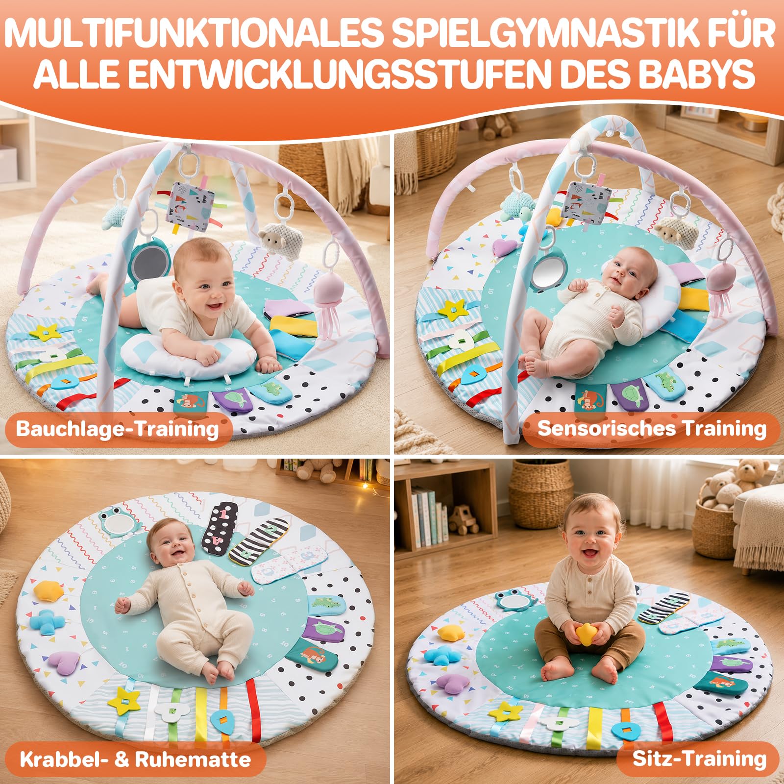 FUNYKICH Spielbogen Baby, Spieldecke Baby mit 6 Spielzeugen & Kissen, Rutschfeste Baby Gym für Babys von 0-18 Monaten, fördert Sinne & Motorik, zusammenklappbare Spielmatte ideales Geschenk für Babys