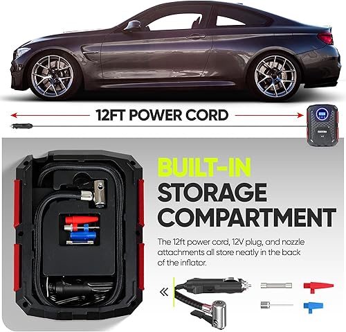 Miniatura 3 de Inflador de neumáticos para coche con medidor de presión - Compresor de aire portátil - Bomba eléctrica automática - Fácil de guardar - Apagado