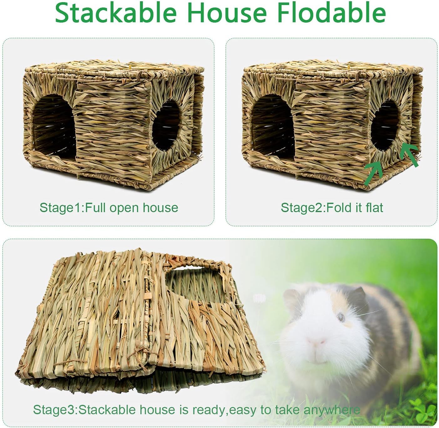 BWOGUE Großes Grashaus für Meerschweinchen, handgewebte Strohhütte, faltbar, Kleintier-Spielbett mit doppelten Öffnungen, Spielhaus für Kaninchen, Meerschweinchen, Chinchilla, Frettchen (2 Stück)