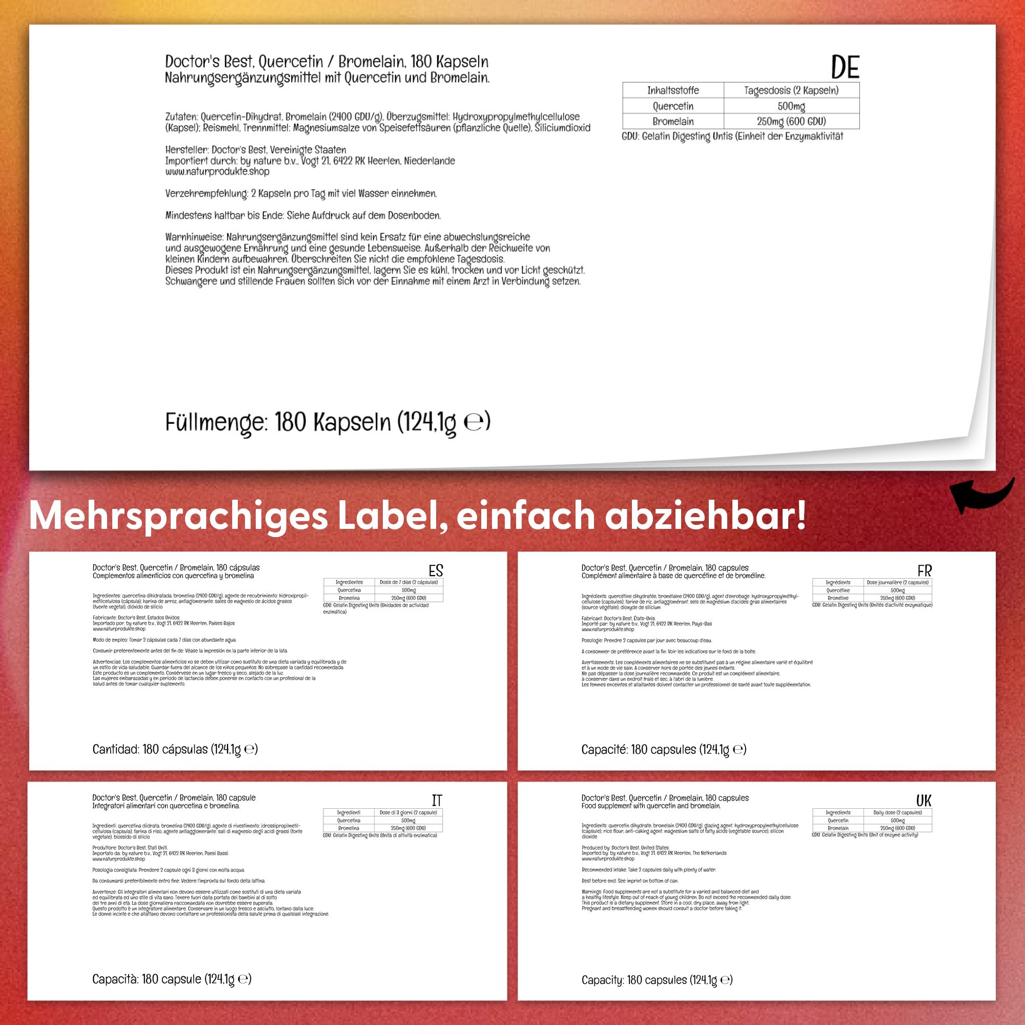 Doctor's Best, Quercetin Bromelain, 180 vegane Kapseln, Hochdosiert, Laborgeprüft, Sojafrei, Glutenfrei, Ohne Gentechnik