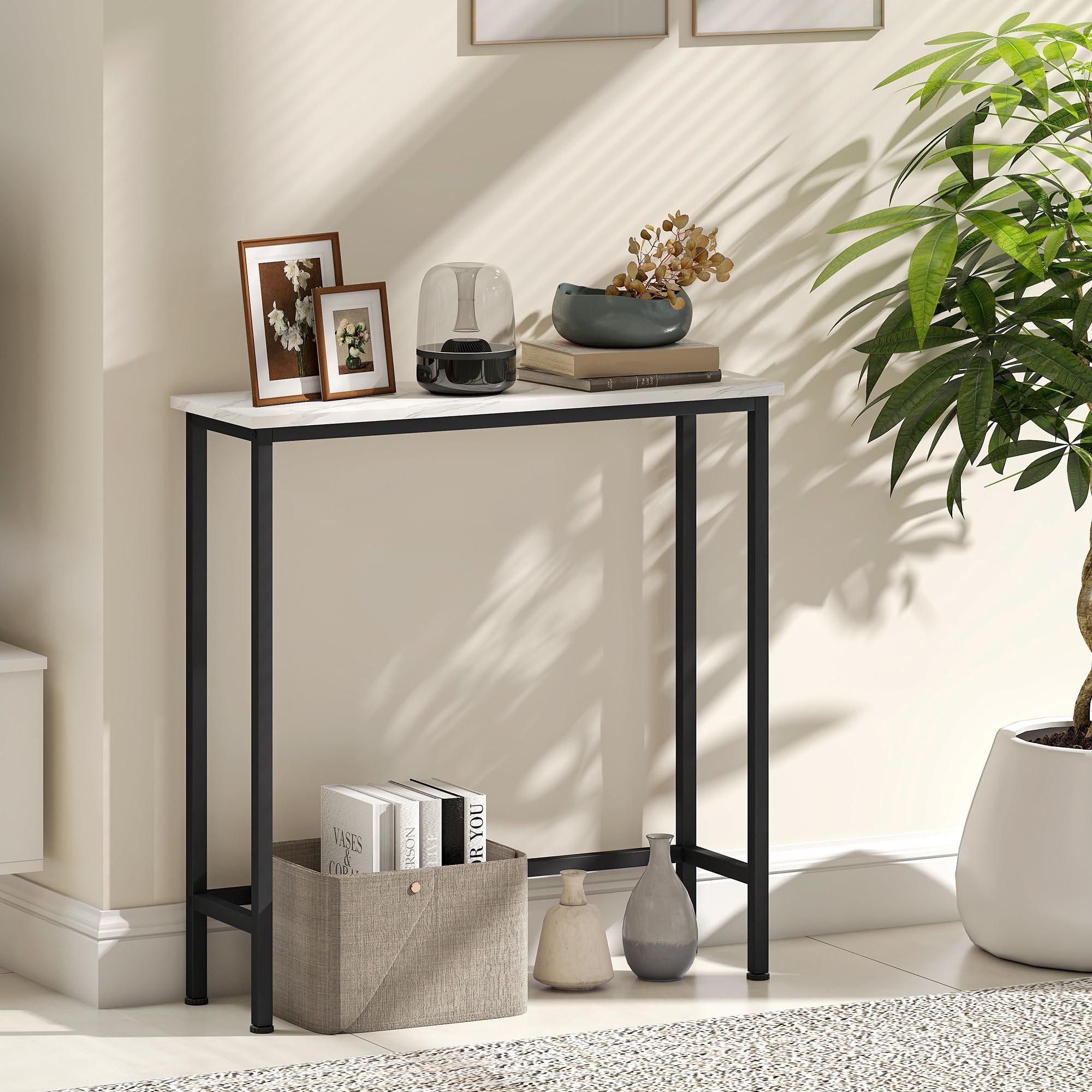 HOMCOM Mesa Consola Moderna Consola Recibidor Estrecha con Superficie con Efecto Mármol y Marco de Metal para Entrada Sala de Estar 75x24x76 cm Blanco y Negro