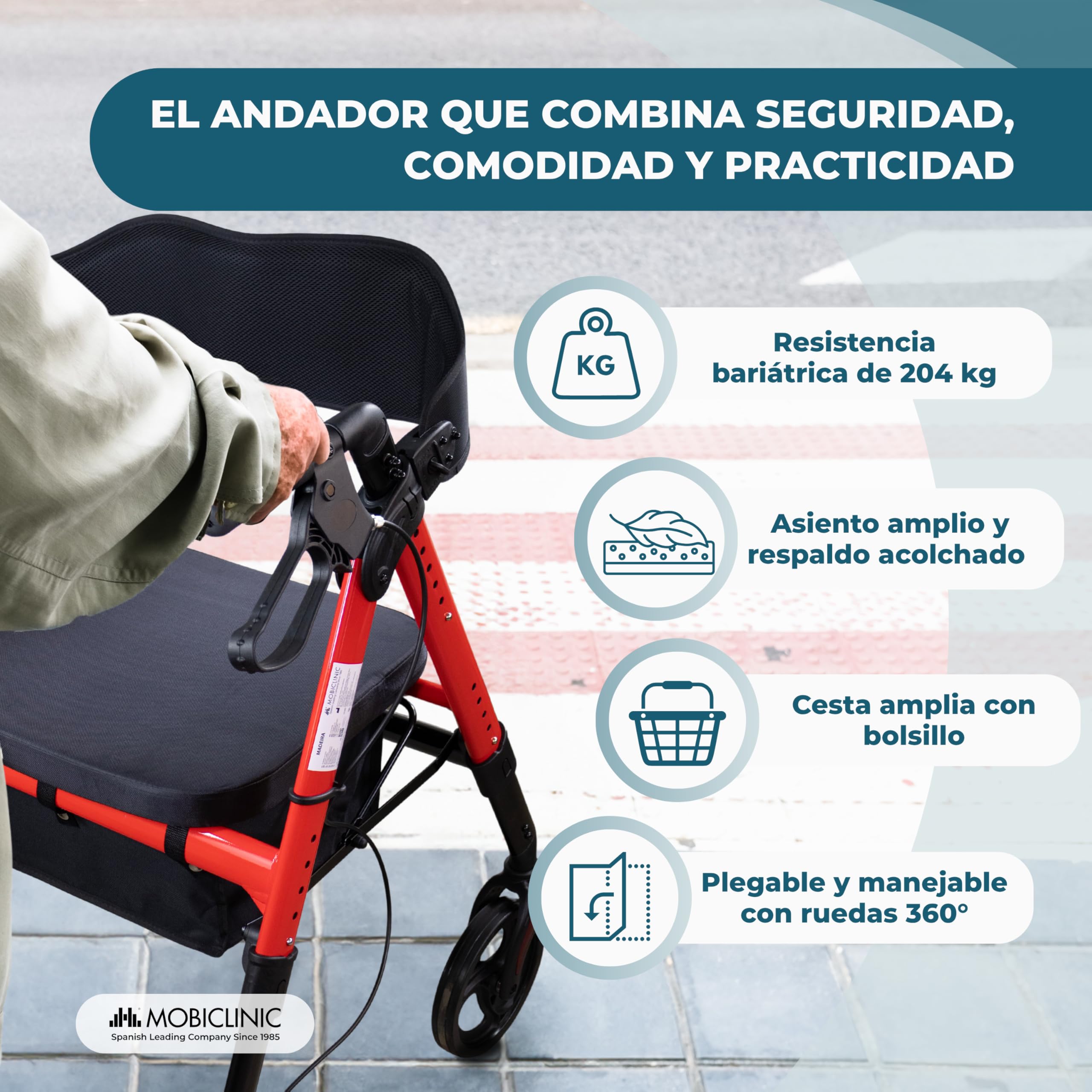 Mobiclinic®, Andador Bariátrico, Hasta 204 Kg, Plegable, Extra Ancho, Manillar y Asiento Regulable, Ruedas 360º, Respaldo, Cesta XL, Aluminio Reforzado, Madeira