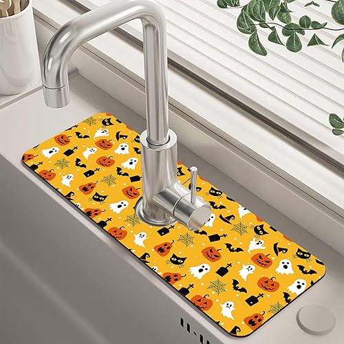 Miniatura 23 de Tapete protector contra salpicaduras para fregadero de cocina floral naranja retro de los años 70, tapete absorbente de secado rápido, tapete de