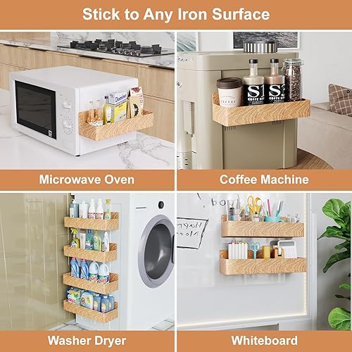 Miniatura 6 de Estante magnético para especias para refrigerador, organizador de cocina y estante de almacenamiento, grano de madera (paquete de 4)