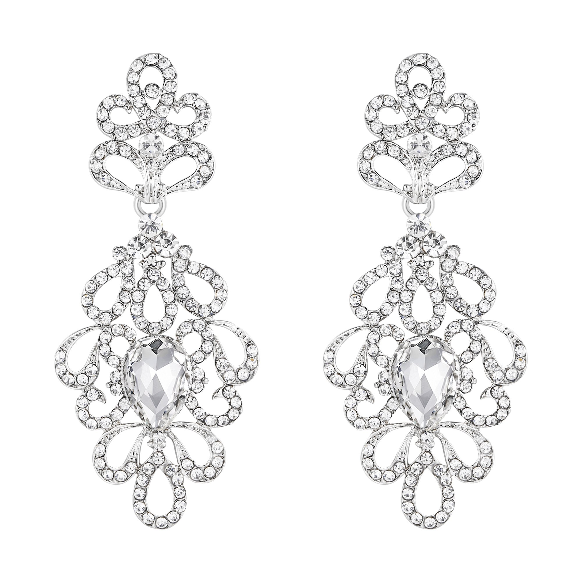 Clearine Pendientes para mujer estilo vintage boda nupcial floral cristal hueco candelabro en forma de lágrima pendientes colgantes tono plateado claro