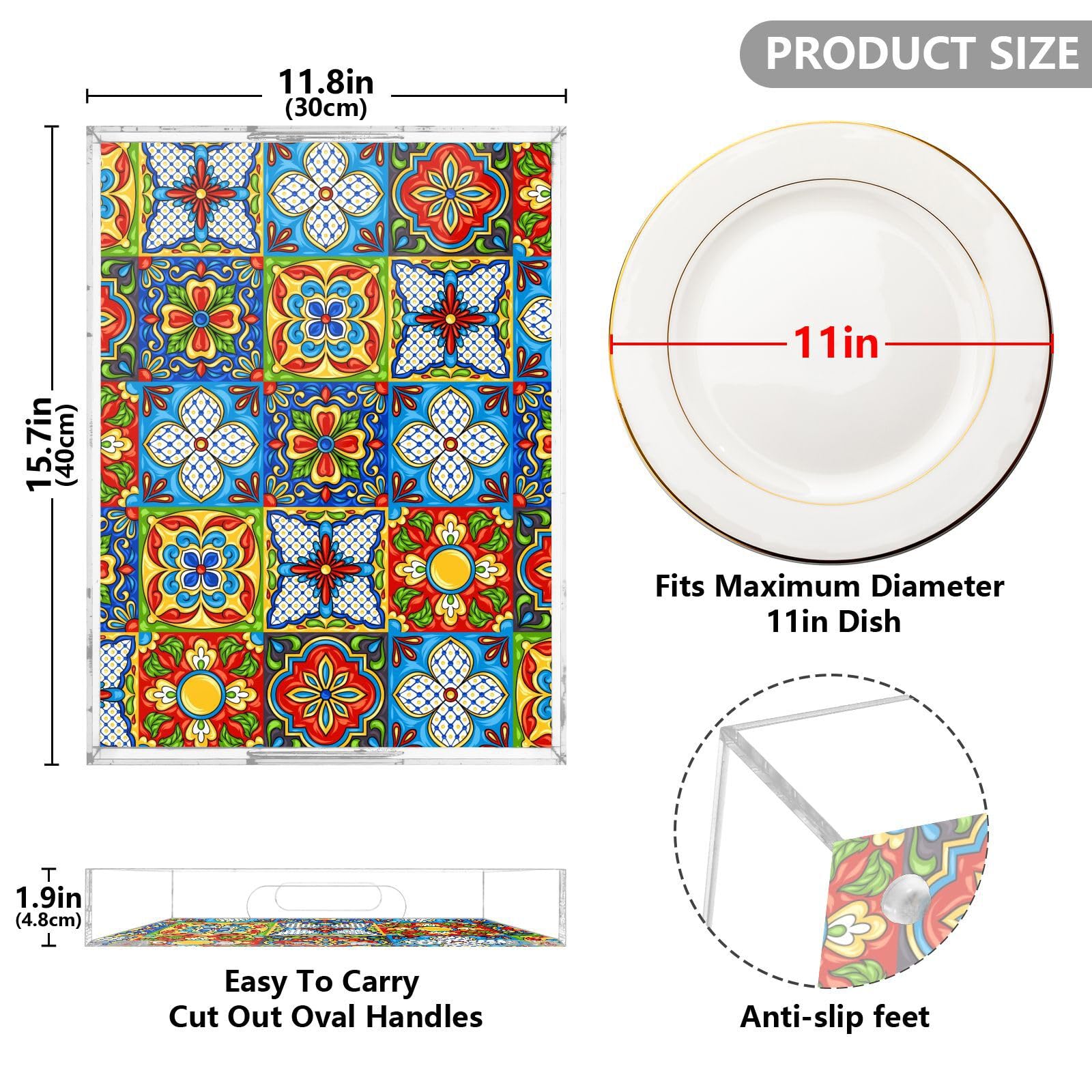Bandejas acrílicas transparentes de acrílico con asas, bandeja de desayuno transparente de 16 x 12 pulgadas, bandeja de desayuno mexicana Talavera de cerámica a prueba de derrames