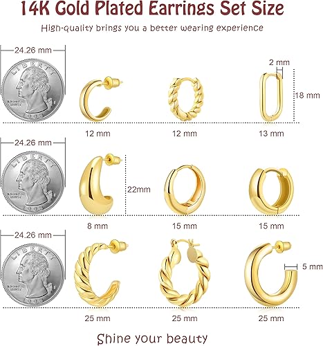 Miniatura 2 de Juego de 9 pares de arracadas chapadas en oroplata esterlinaoro rosa para mujer, aretes de aro gruesos de moda chapados en oro real de 14 quilates