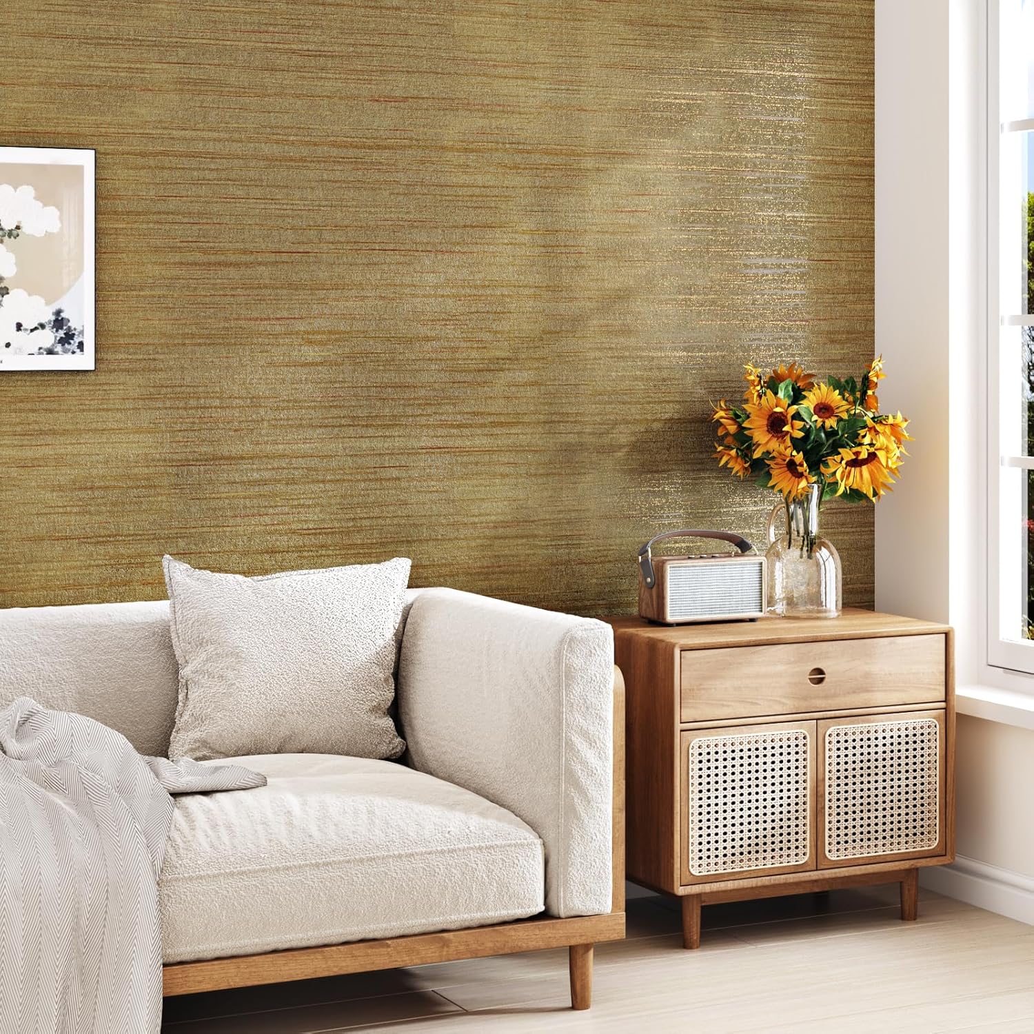WESTICK Brown Gold Grasscloth Wallpaper Textured Self Adhesive Vintage Grass Cloth Gold Wallpaper Peel and Stick Waterproof Grassclotch Gold Contact Paper for Bathroom Living Room Walls 15.8"x200"