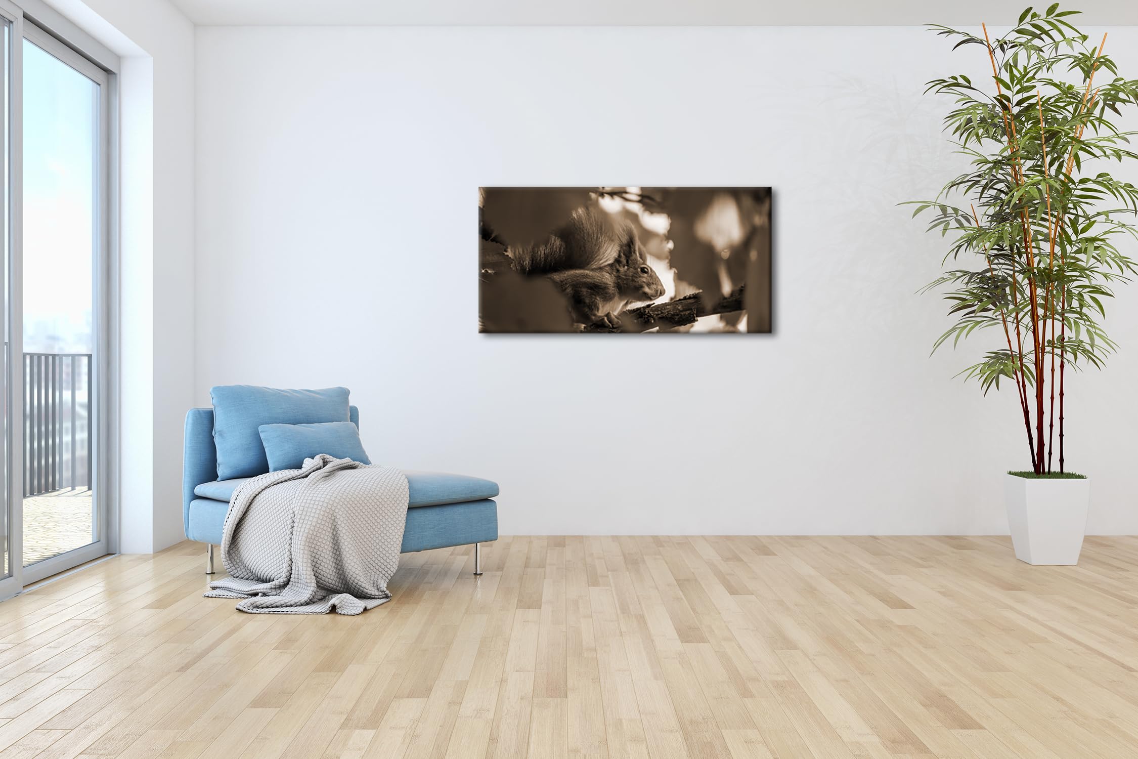 Joli panorama écureuil ravissant 100 x 50 cm - Effet : sépia comme toile - Motif prêt à être encadré sur un cadre en bois véritable - Impression numérique de qualité supérieure avec cadre