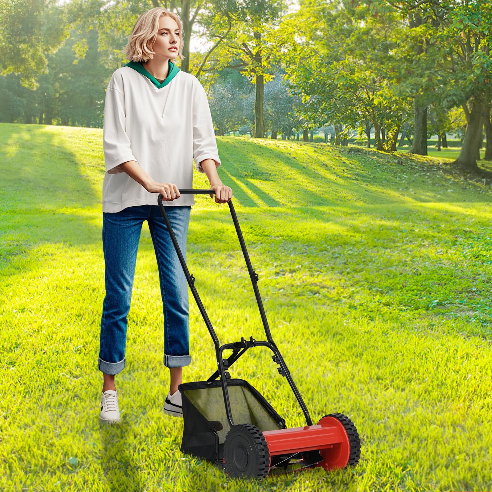 GOPLUS Kosiarka bębnowa, ręczna kosiarka z koszem o pojemności 18,5 l, z regulacją wysokości cięcia 15-40 mm, szerokość cięcia 30 cm, ręczna kosiarka z 5 nożami i kółkami, ręczna kosiarka do trawnika
