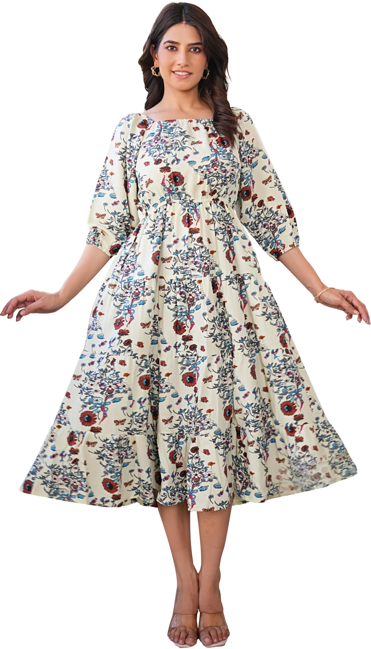Yash Gallery Women's Rayon Floral Printed Tiered Style Maxi Dress