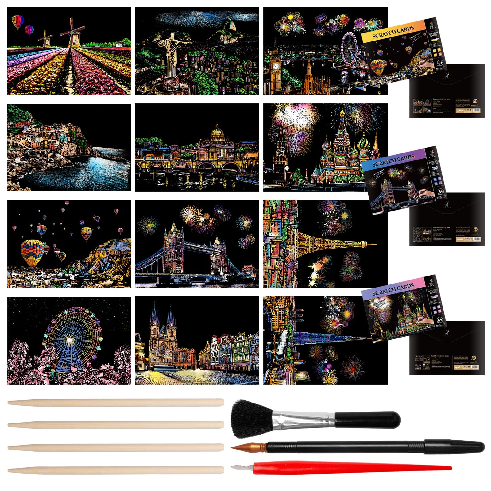 12 pezzi di carta antigraffio Magic Rainbow, formato A4, per adulti, luoghi di interesse, da parete, con attrezzi per graffi, kit City Series Night Scene, arcobaleno, per adulti, bambini, fai