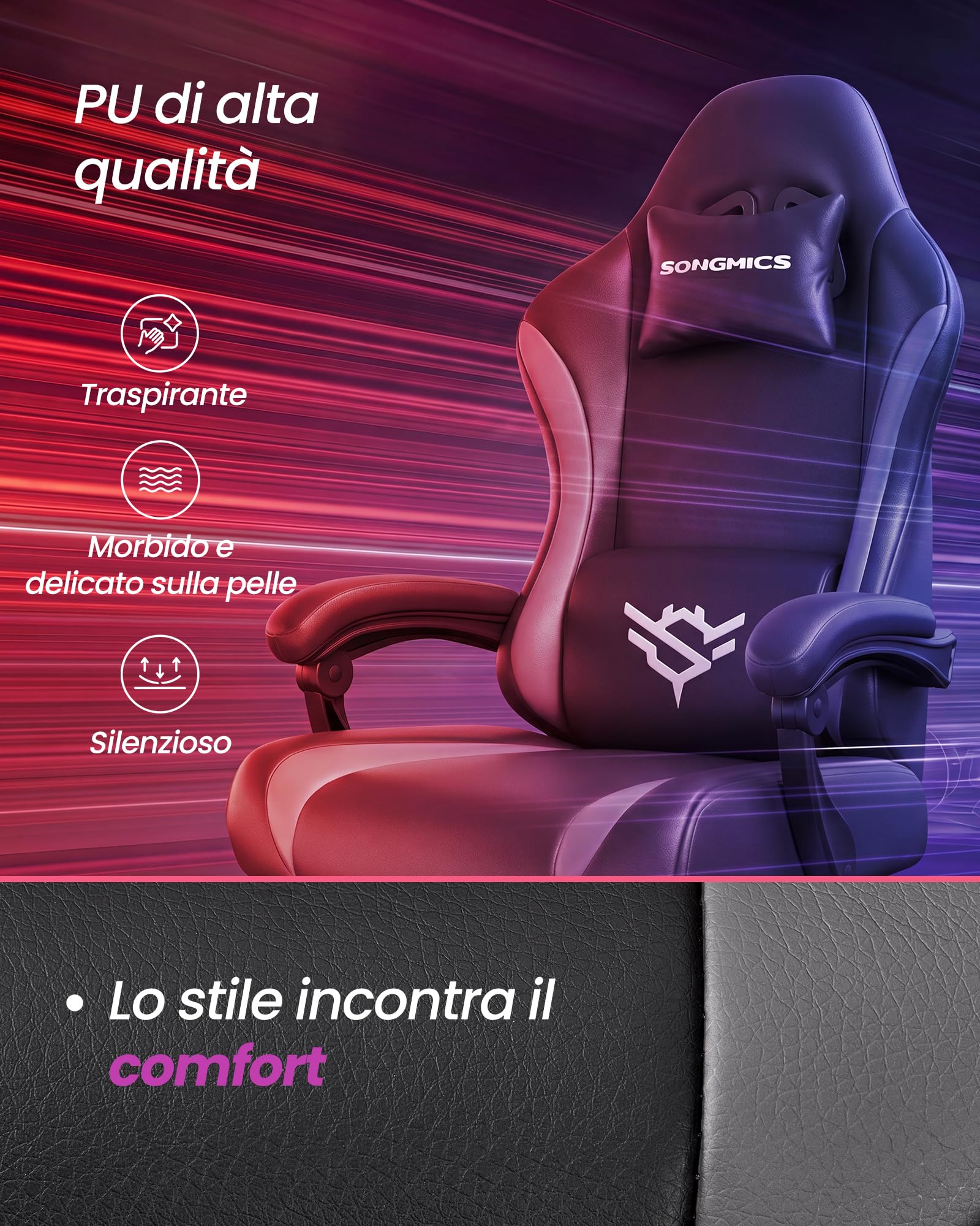 SONGMICS Sedia da Gaming, Sedia Ergonomica da Ufficio, Reclinabile a 135°, con Poggiapiedi e Supporto Lombare, 70 x 70 x (120-130) cm, Nero Inchiostro e Grigio Tortora, OBG091BH01