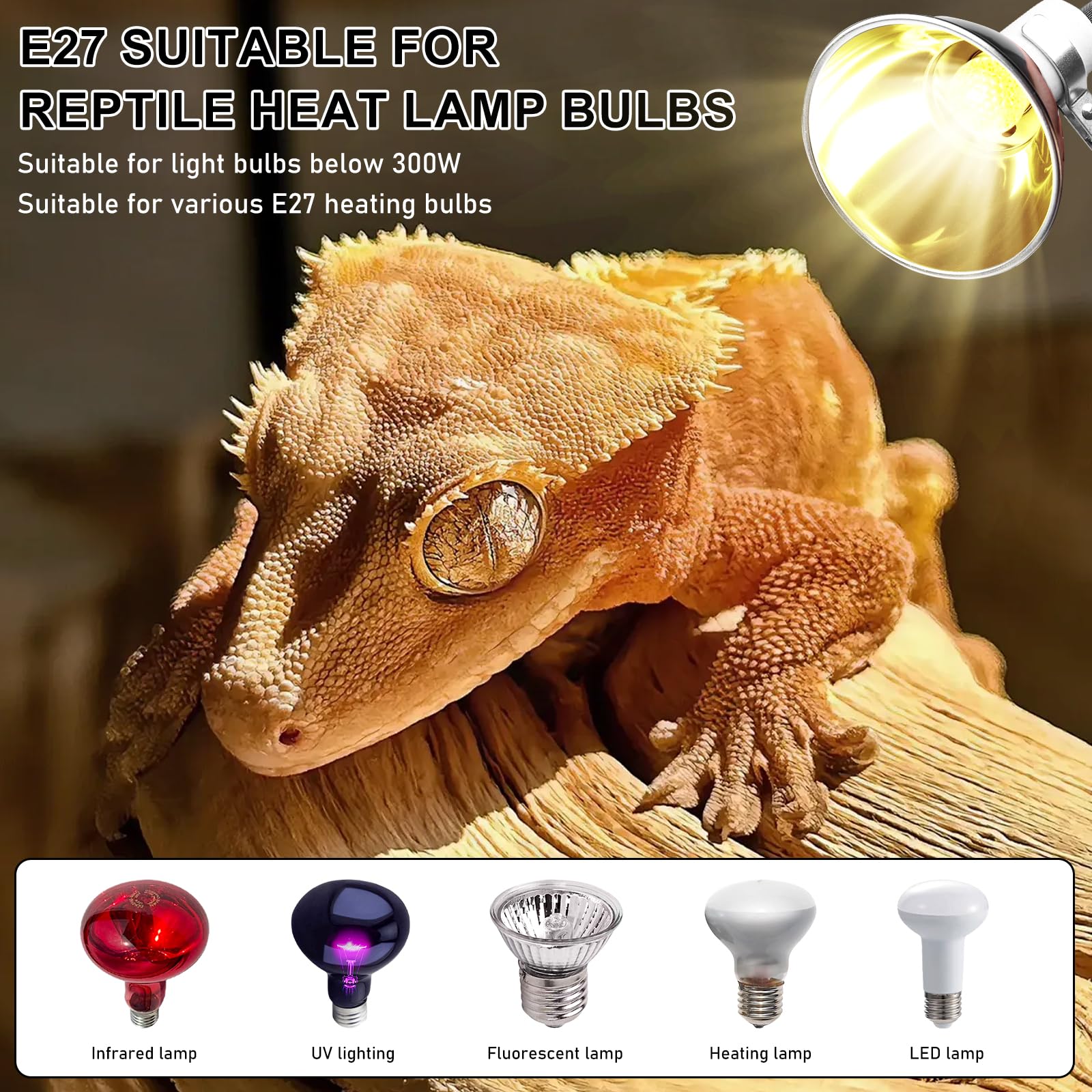 Reptilien Terrarium Dome Lampenfassung E27, Reptile Dome, Reptilien Lampenschirm mit Dimmer und Zeitschaltuhr, Wärmelampe Fassung Kuppelbefestigung für Eidechsen Schildkröte Bartagame Huhn Hund