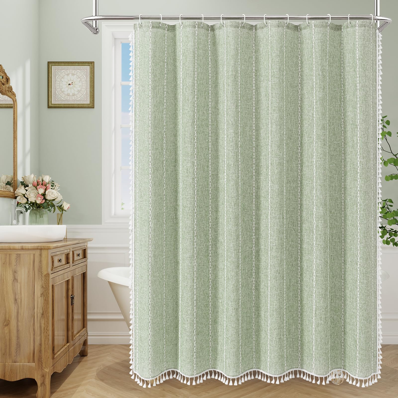 MitoVilla Tenda Da Doccia Bohémien In Tessuto Cotone E Lino – 91x183 Cm, Rustica, Con Ganci, Spessa E Morbida