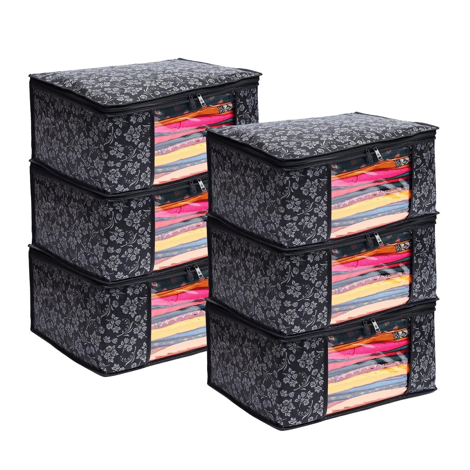 LAXIS® Saree Covers With Zip Non-Woven Printed Saree Cover/Saree Organizer For Wardrobe/Cloth Storage With Transparent Window/Saree Bags Storage/Clothes Organizer (Black- Pack of 6)